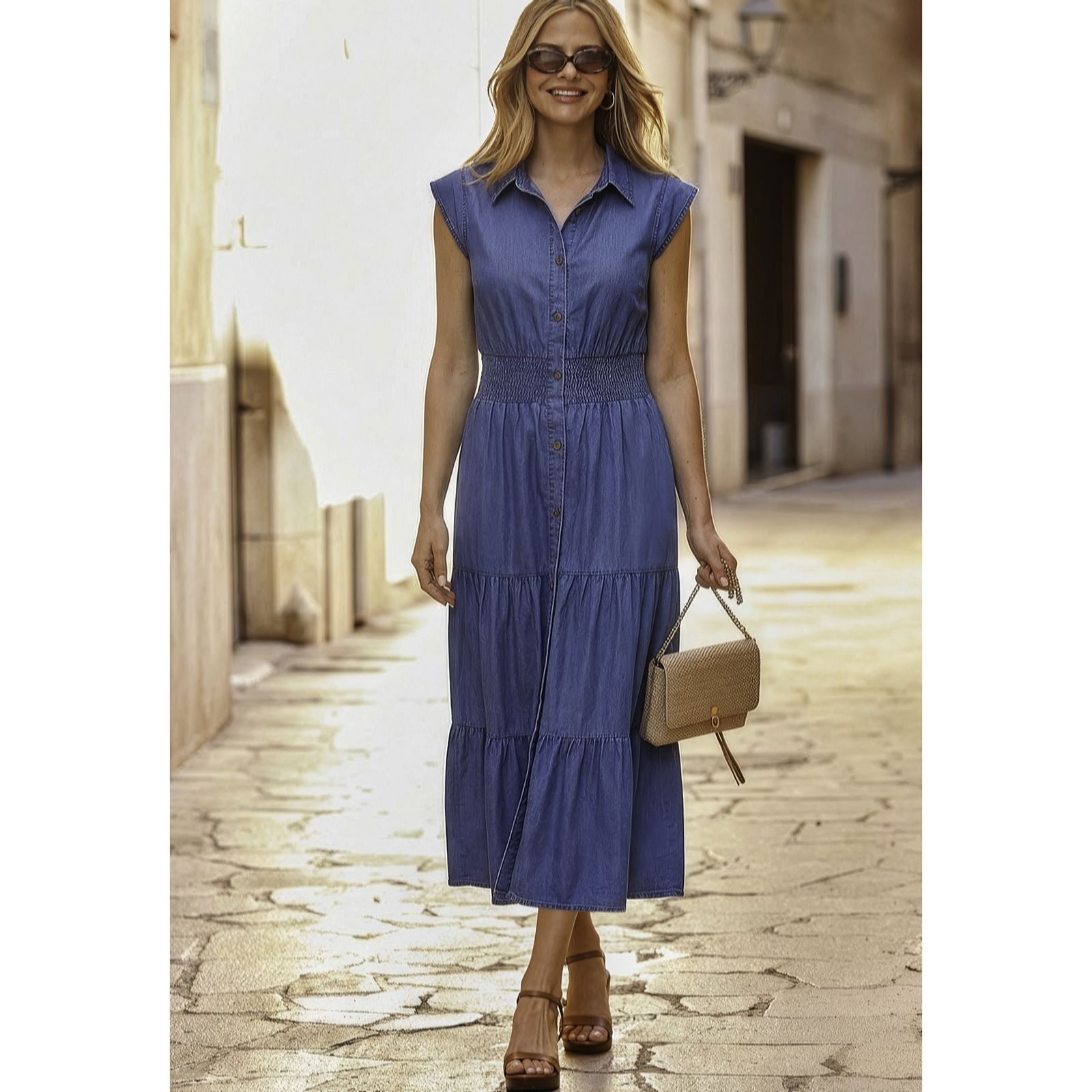Sosandar Blue Shirred Waist Denim Dress