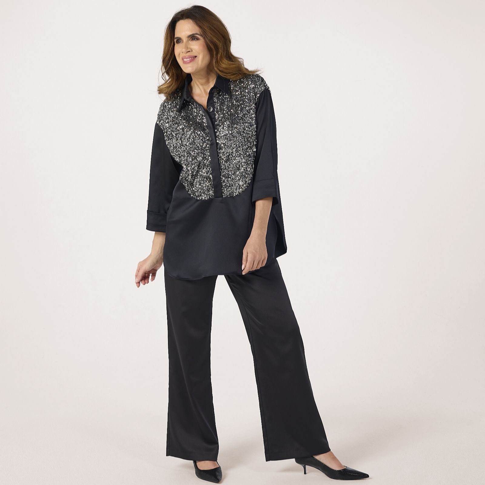 Helene Berman Sequin Satin Button Up Long Line Shirt