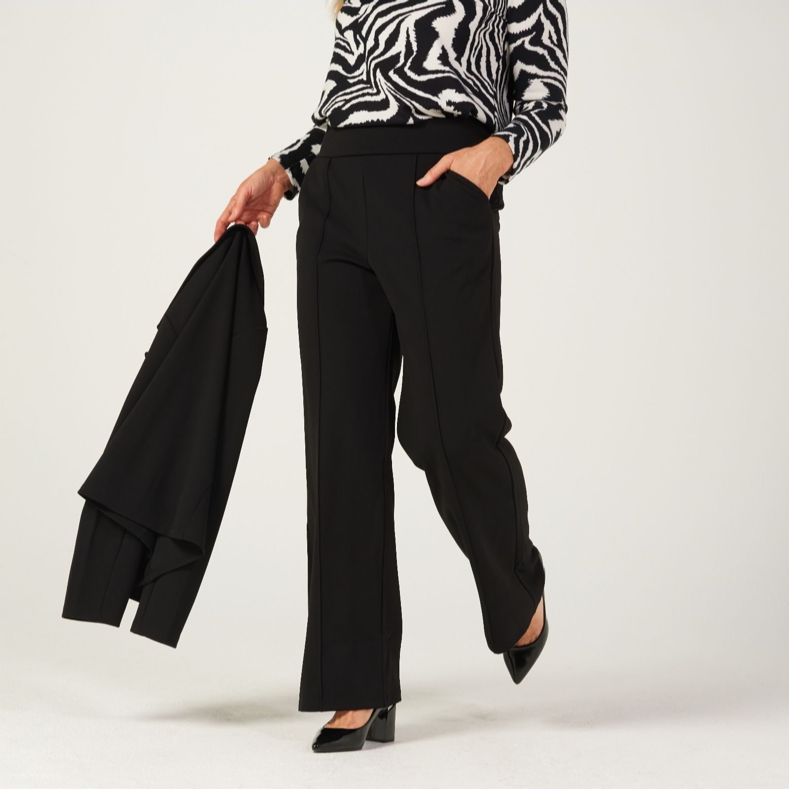 Kim & Co Ponte Crepe Pin-Tuck Wide Leg Trousers Petite