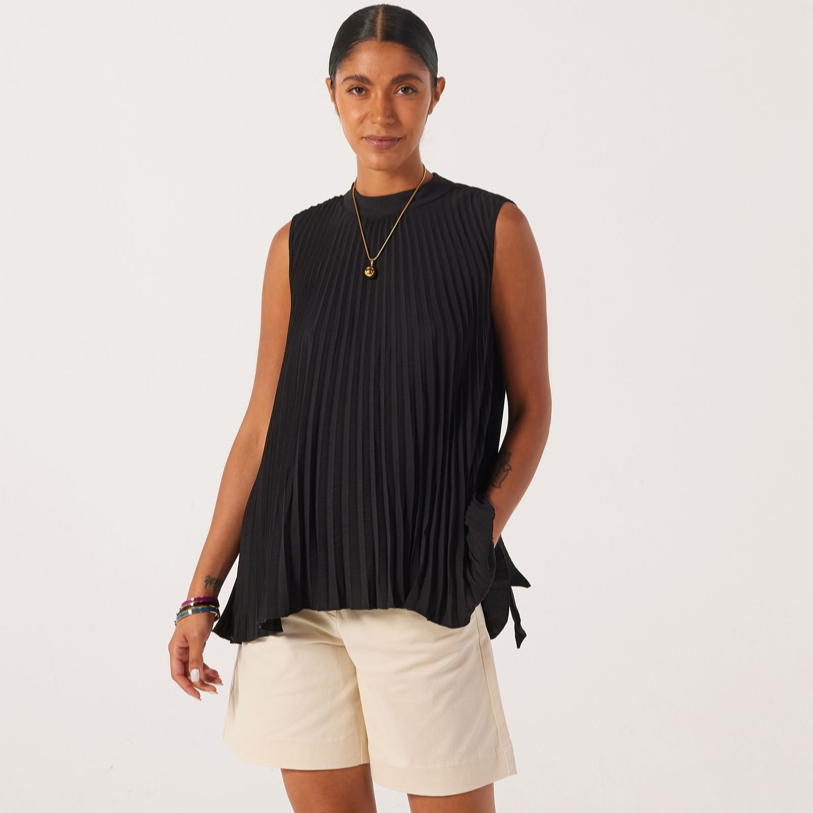 Nina Leonard Black Mock Neck Sleeveless Pleat Textured Wave High/Low Hem Top