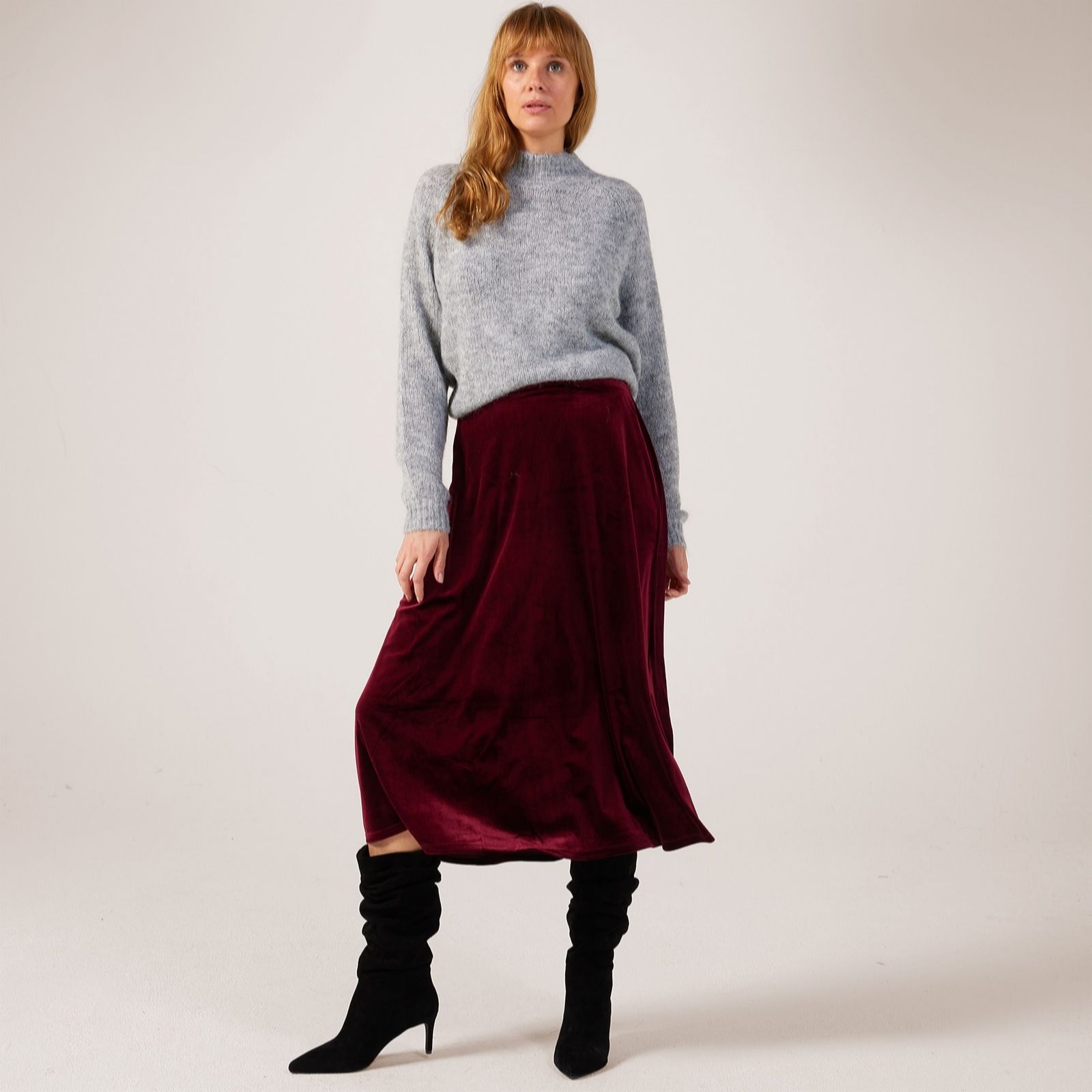 Finery London Ruth Stretch Velvet Elasticated Waist Midi Skirt