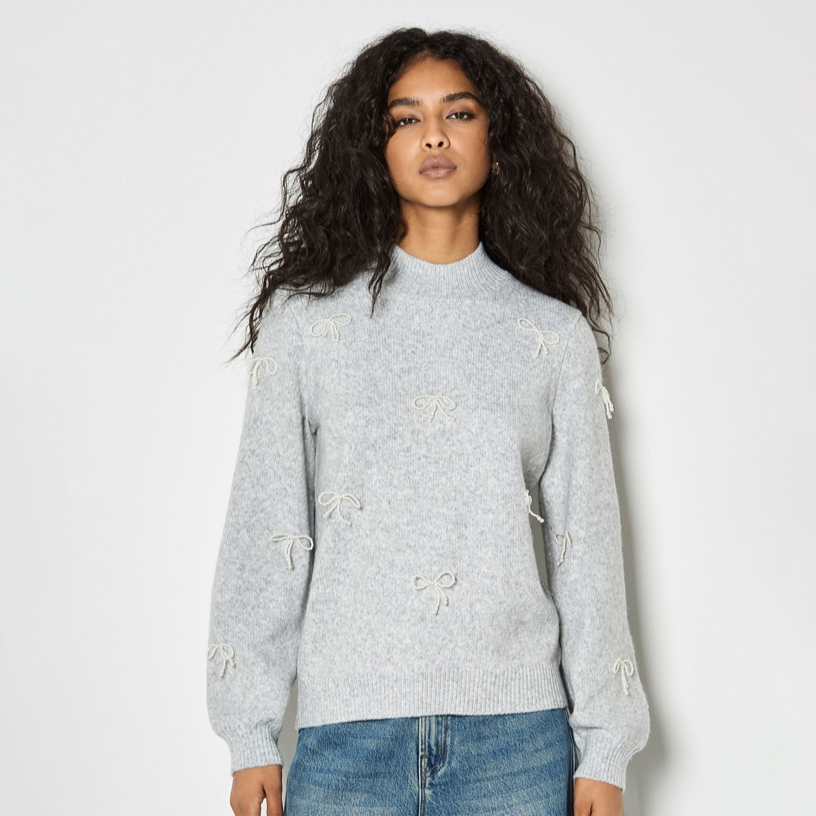 Apricot Women's Faux Pearl Bow Embellished Jumper in Grey | Size: 18