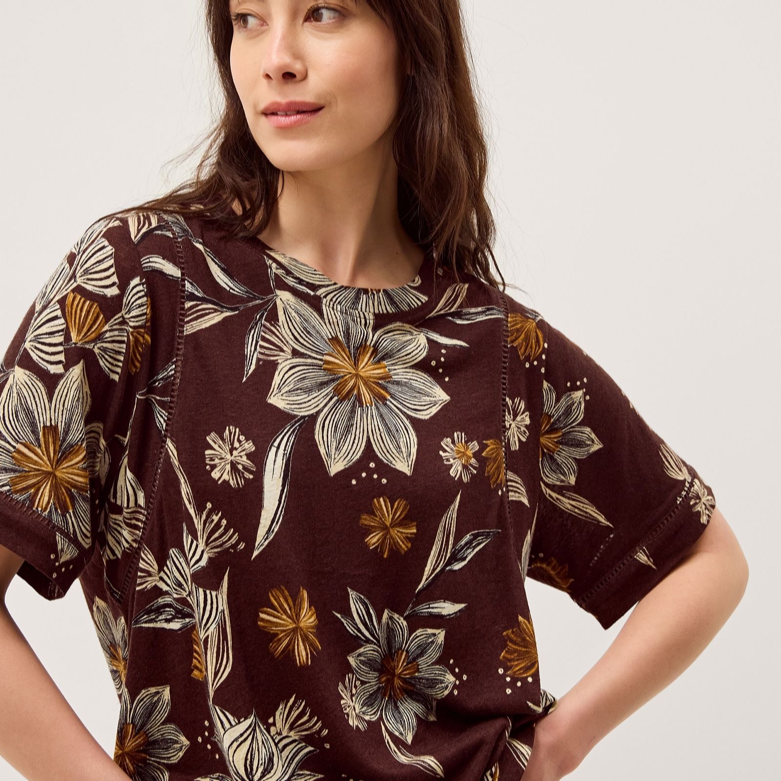 Monsoon Chocolate Esther Printed Linen Blend T Shirt