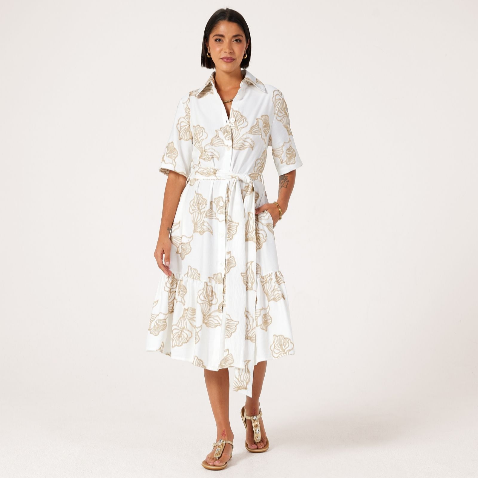 Helene Berman Black Gold Embroidered Tropical Flower Shirt Dress With Frill Sl...