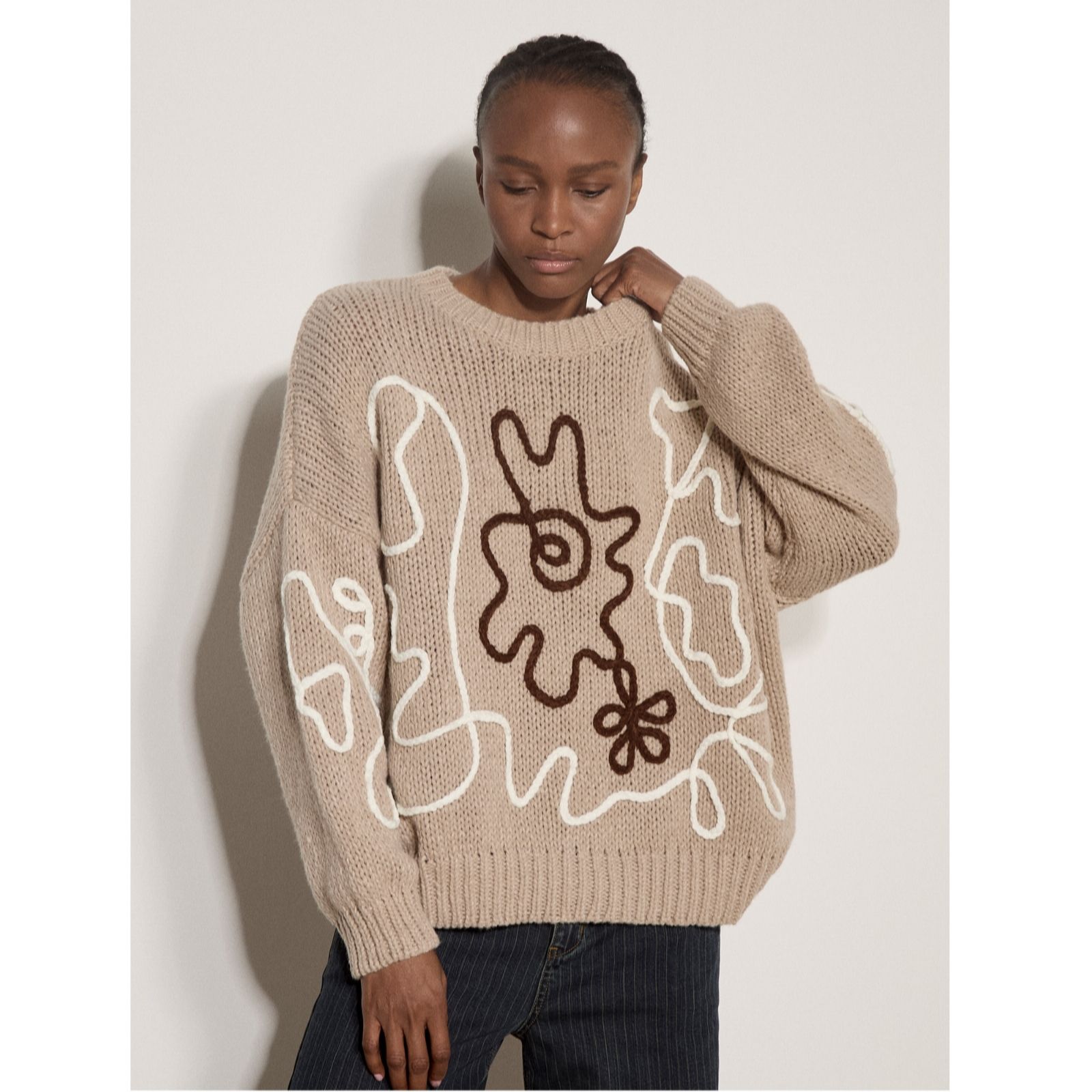 Apricot Women's Oversized Cornelli Embroidered Jumper in Stone | Size: 16