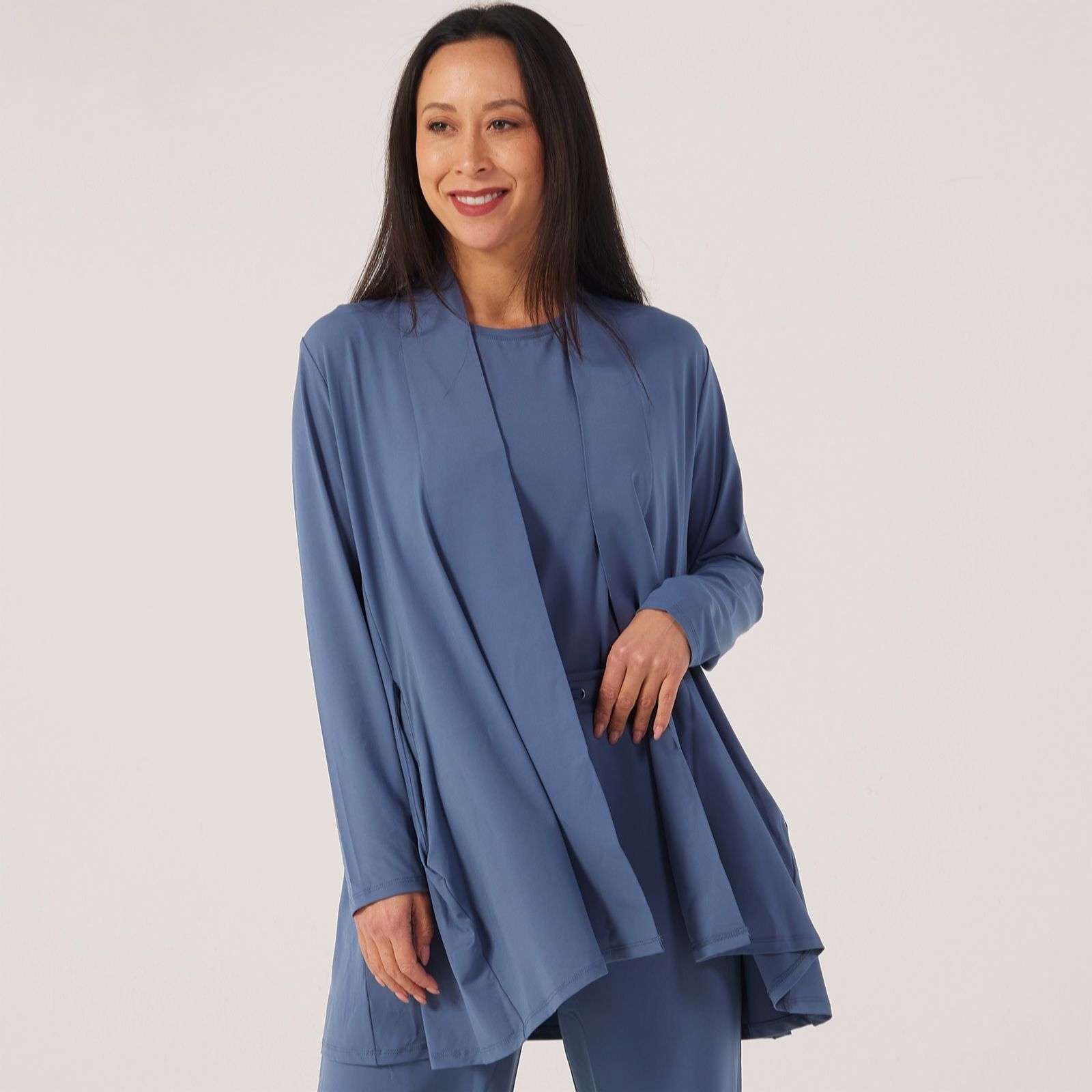 Marlawynne Dark Chambray Matte Jersey Long Drap Cardigan