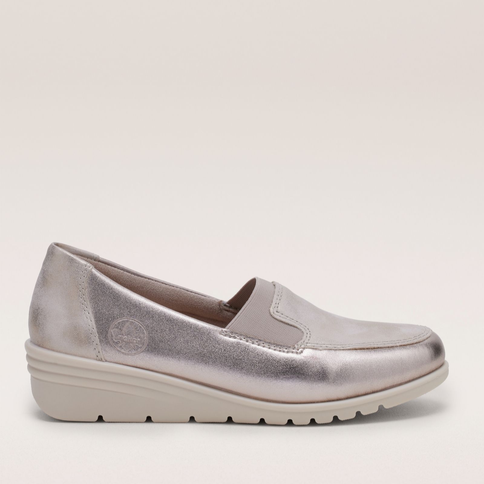 Rieker Metallic Beige Leather Wedge Loafer