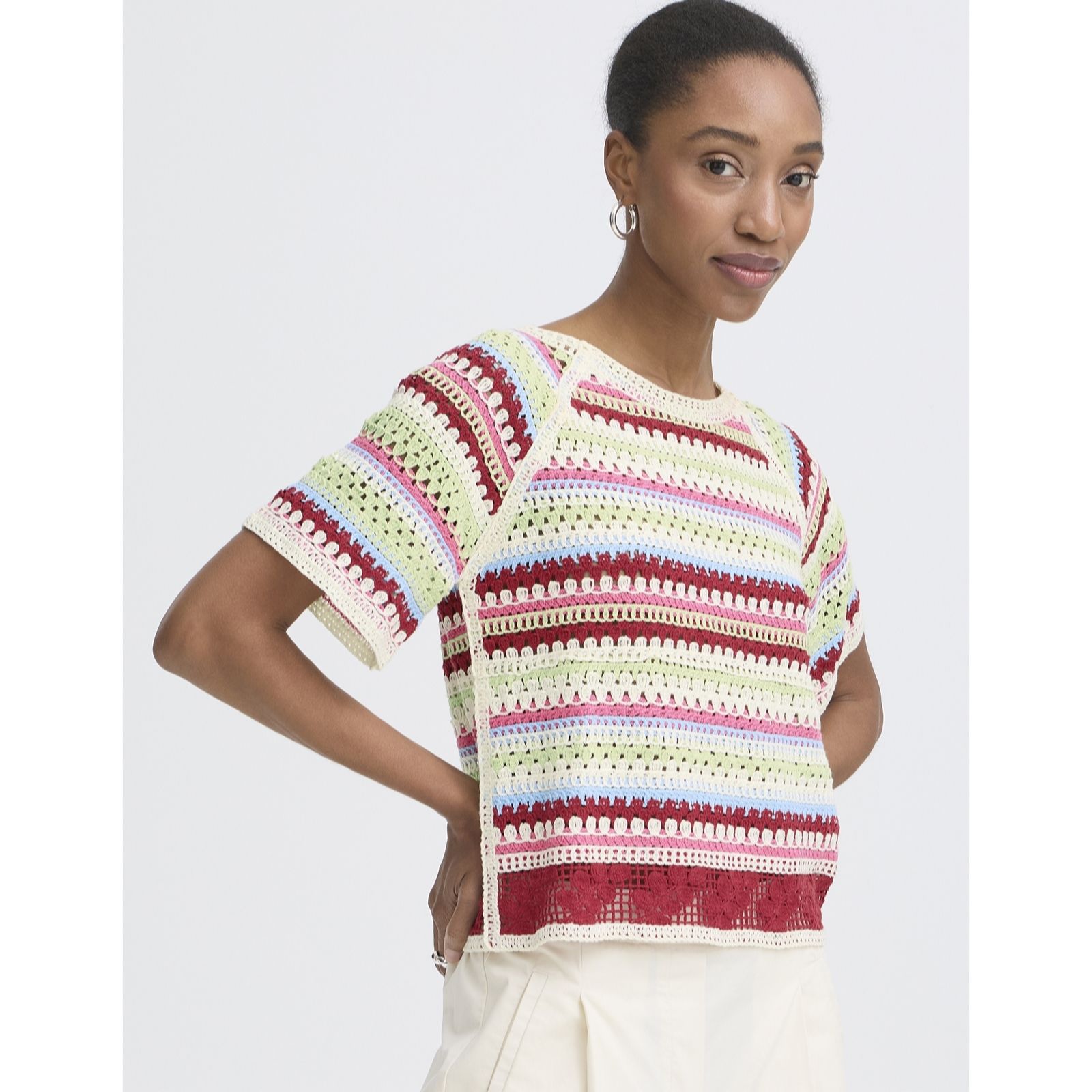 Ichi Women's Multi Bandie Crochet Knitted Short Sleeve Top