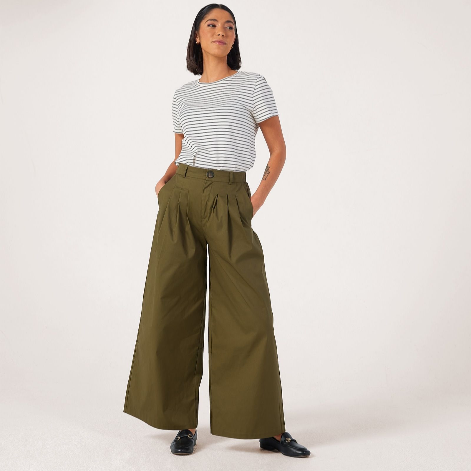 Helene Berman Cotton Stretch Front Pleat Wide-Leg Trousers women's