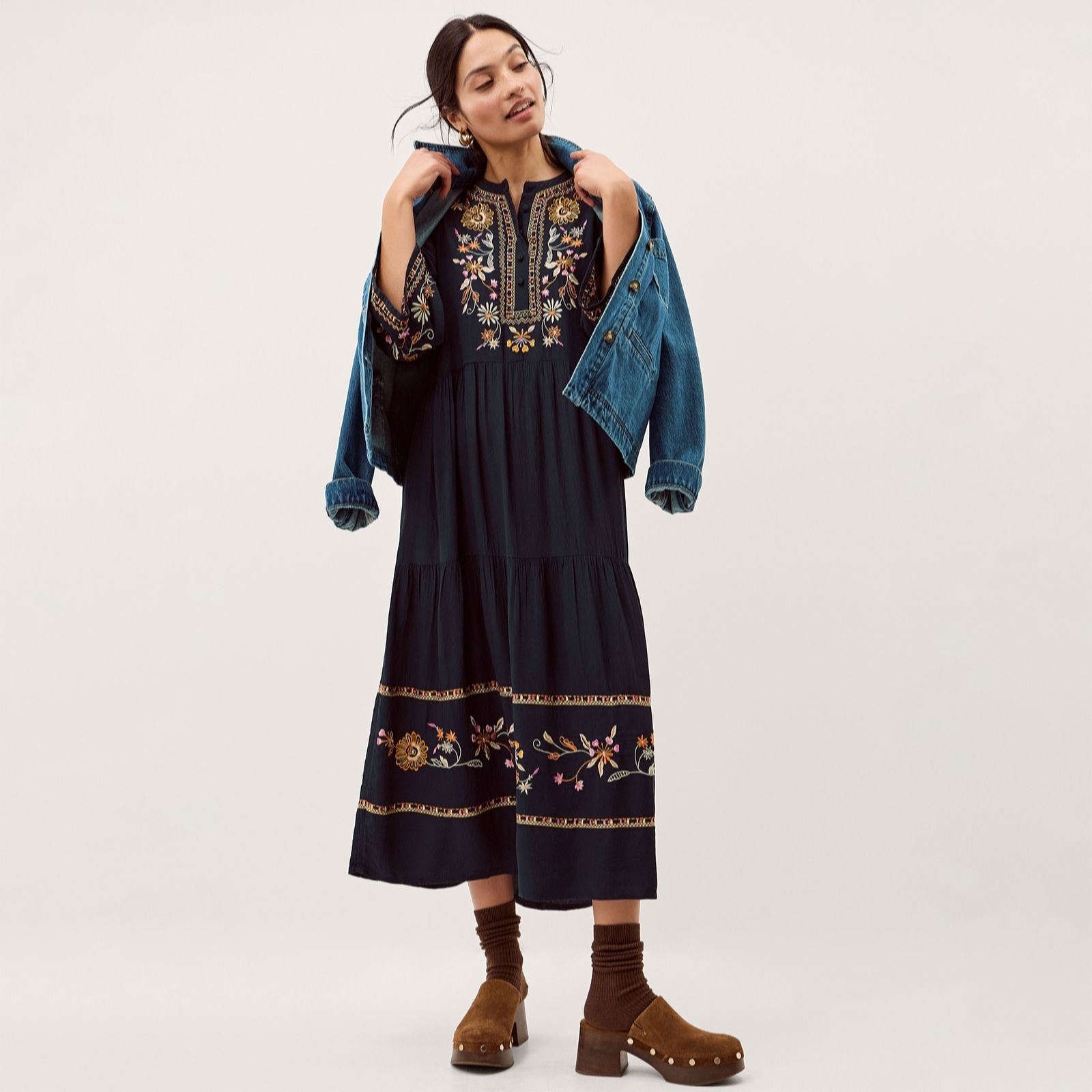 Monsoon Navy Lucie Embroidered Dress
