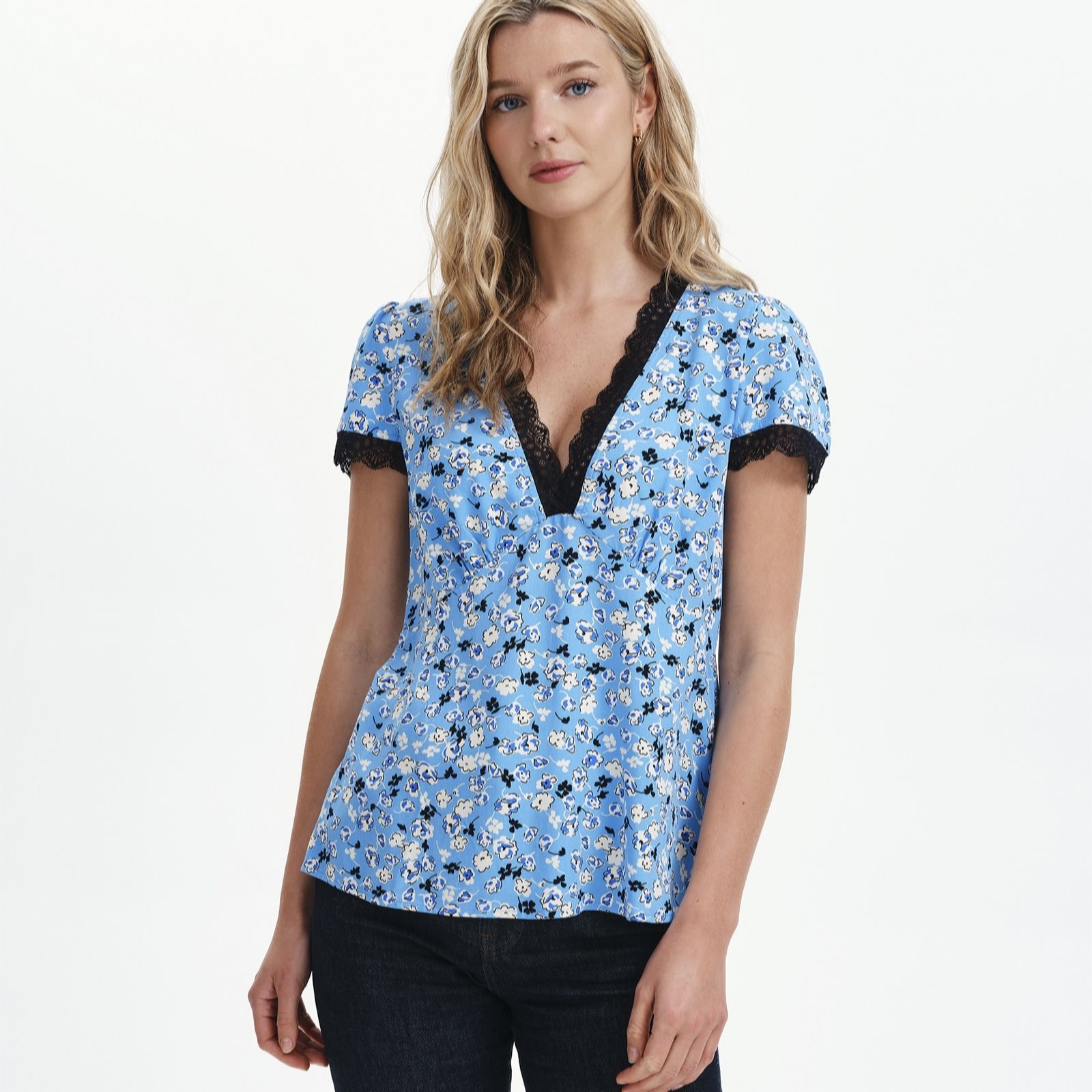 Finery London Lacie Floral Print Lace Trim V Neck Empire Waist Top women's