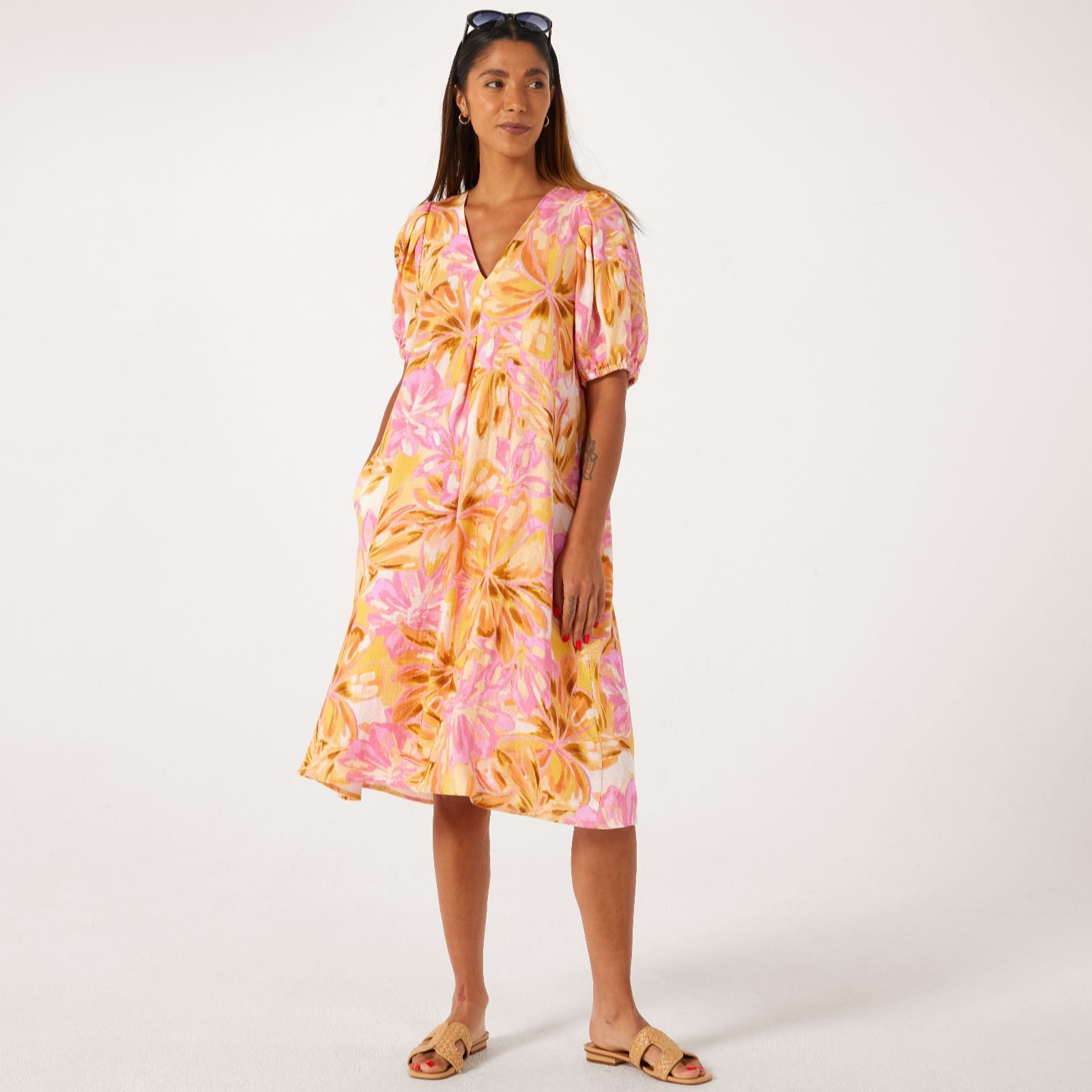 Helene Berman Green Tropical Linen Mix Tropical Print Puff Sleeve Dress