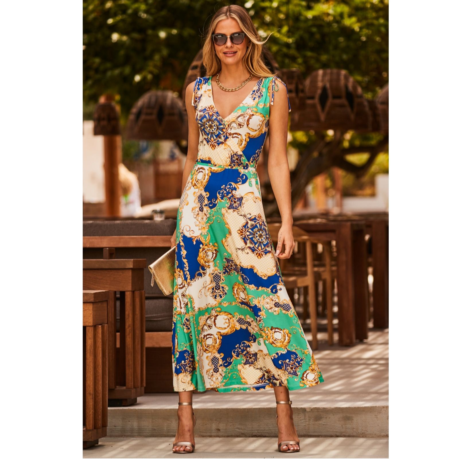 Sosandar Green Tie Shoulder Maxi Jersey Dress