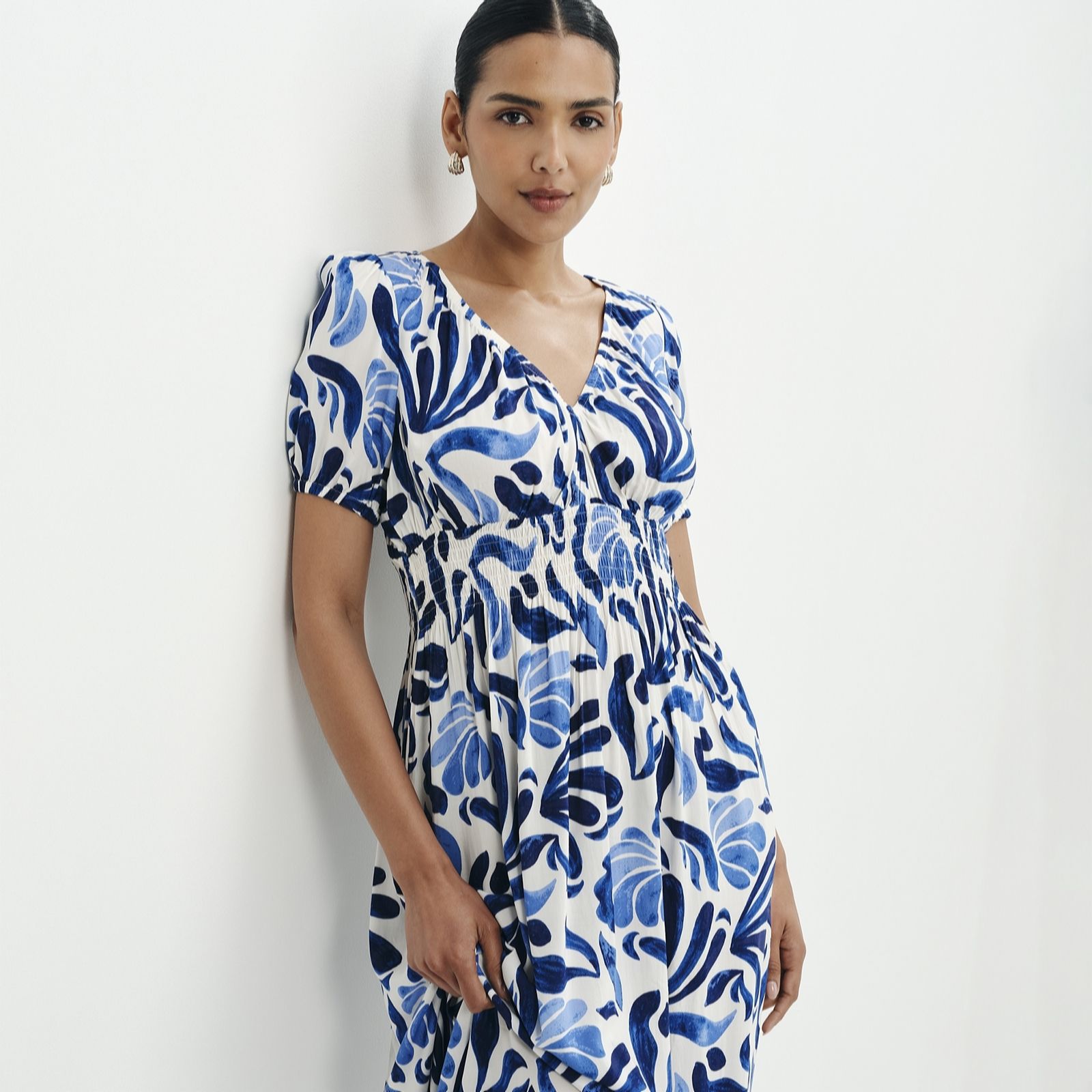 Dolly Green Abstract Puff Sleeve Shirred Waist Smock Midi Dress Size: 8P