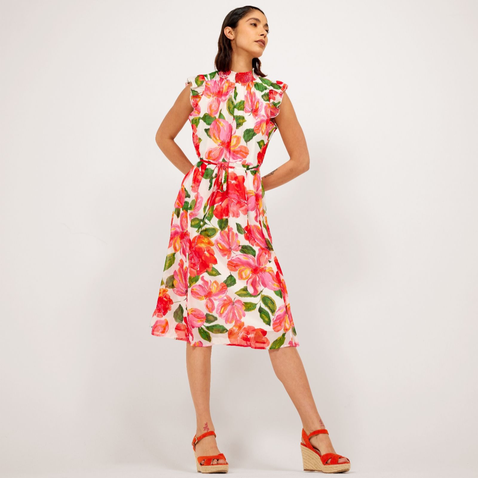 Nina Leonard Flutter Cap Sleeve Smocked Chiffon Printed Dress