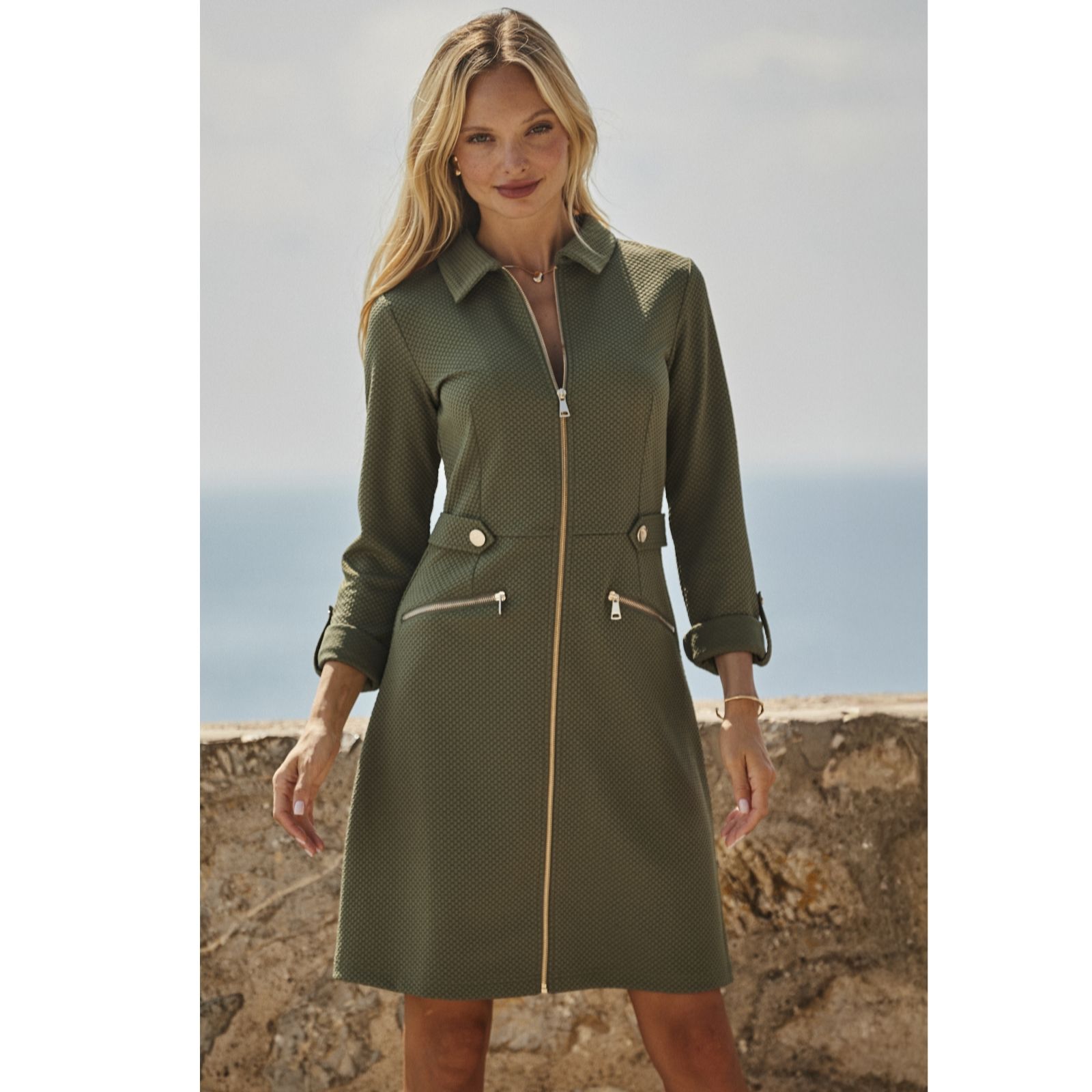 Sosandar Khaki Waffle Zip Through Midi Dress