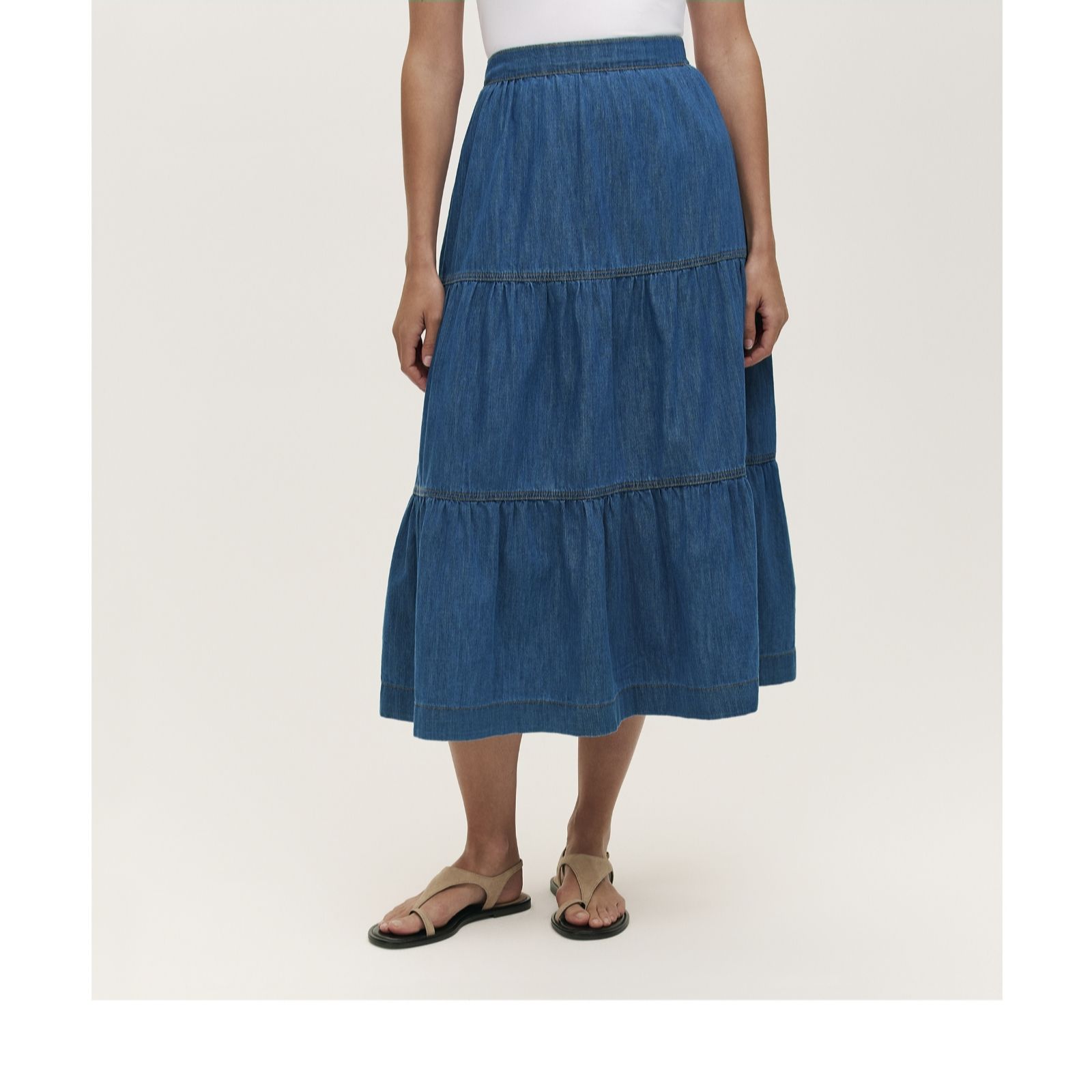Finery Light Blue London Lulu Denim Tiered Stretch Waist Midi Skirt