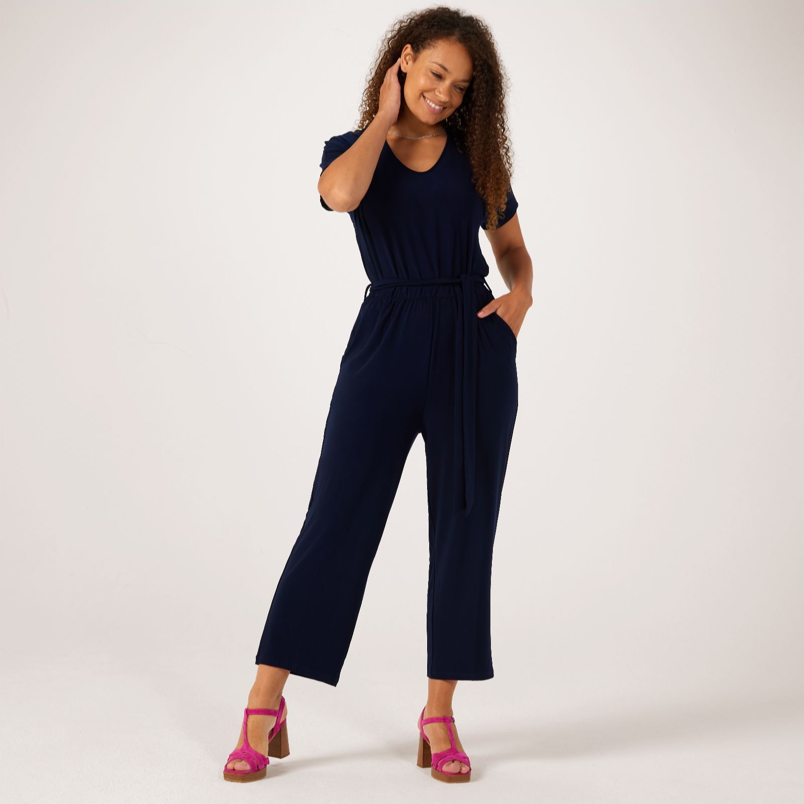 Kim & Co Brazil Jersey Short Sleeve Ankle Length Jumpsuit with Sash