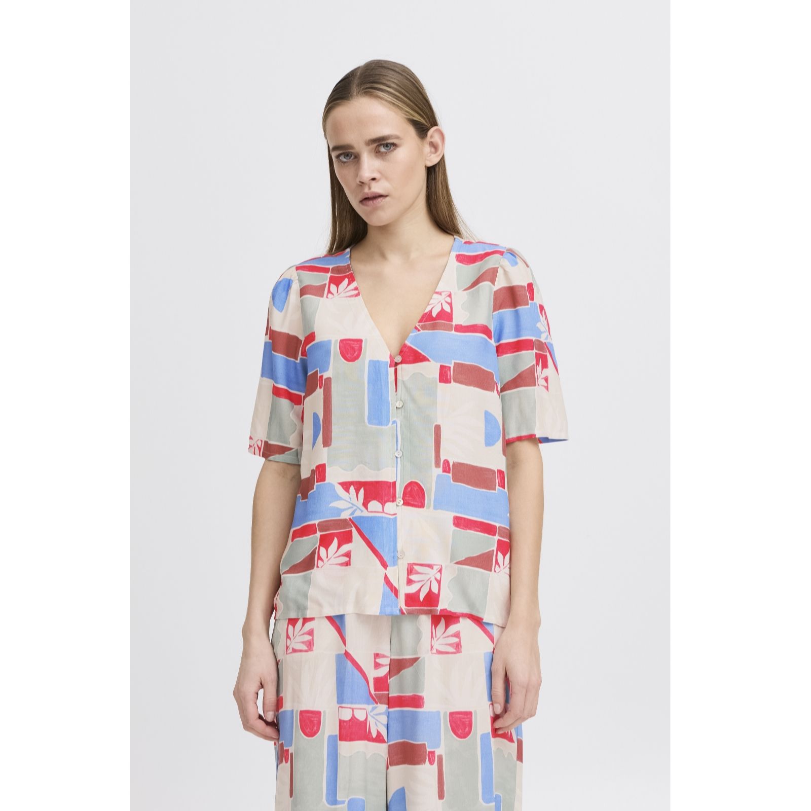 Ichi Multi Nasreen V Neck Short Sleeve Top