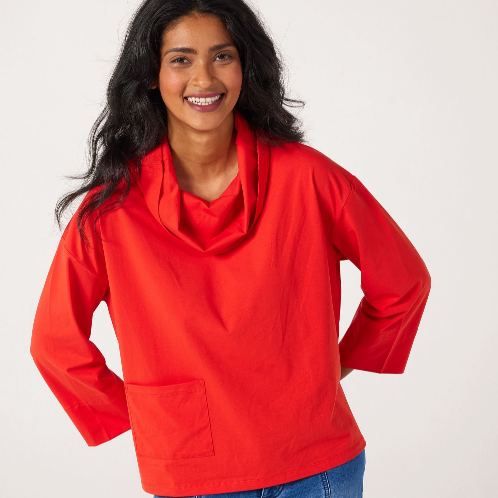 Marlawynne Poppy Cotton Span Cowl Neck Top With Pocket