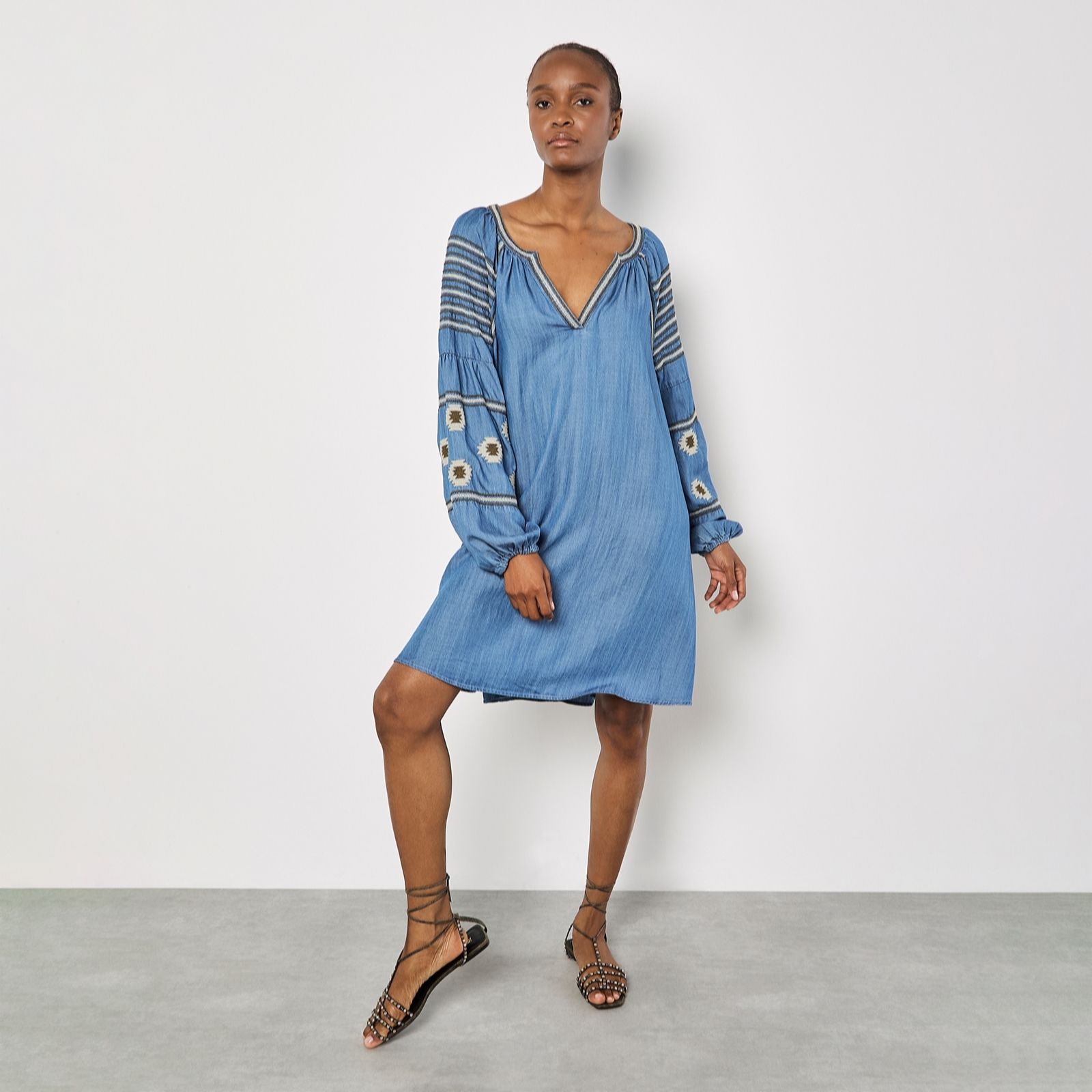 Apricot Aztec Embroidered Denim Balloon Sleeve Dress women's
