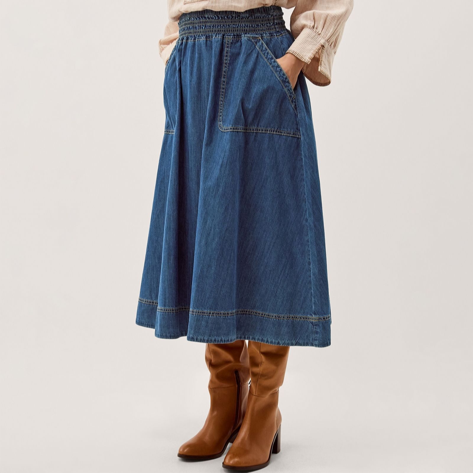 Monsoon Mid Authentic Blue Sophie Shirred Skirt