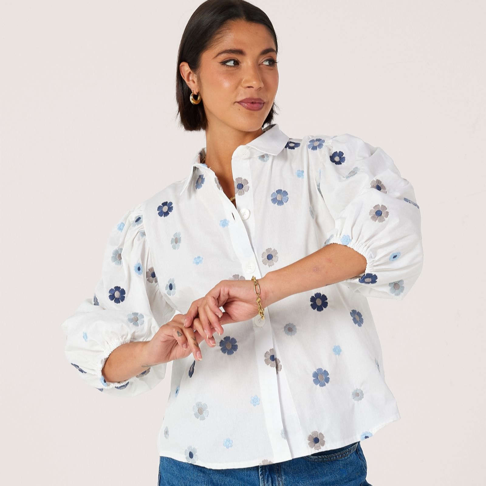 Helene Berman Blue Multi 100% Cotton Embroidered Multi Coloured Flower Shirt