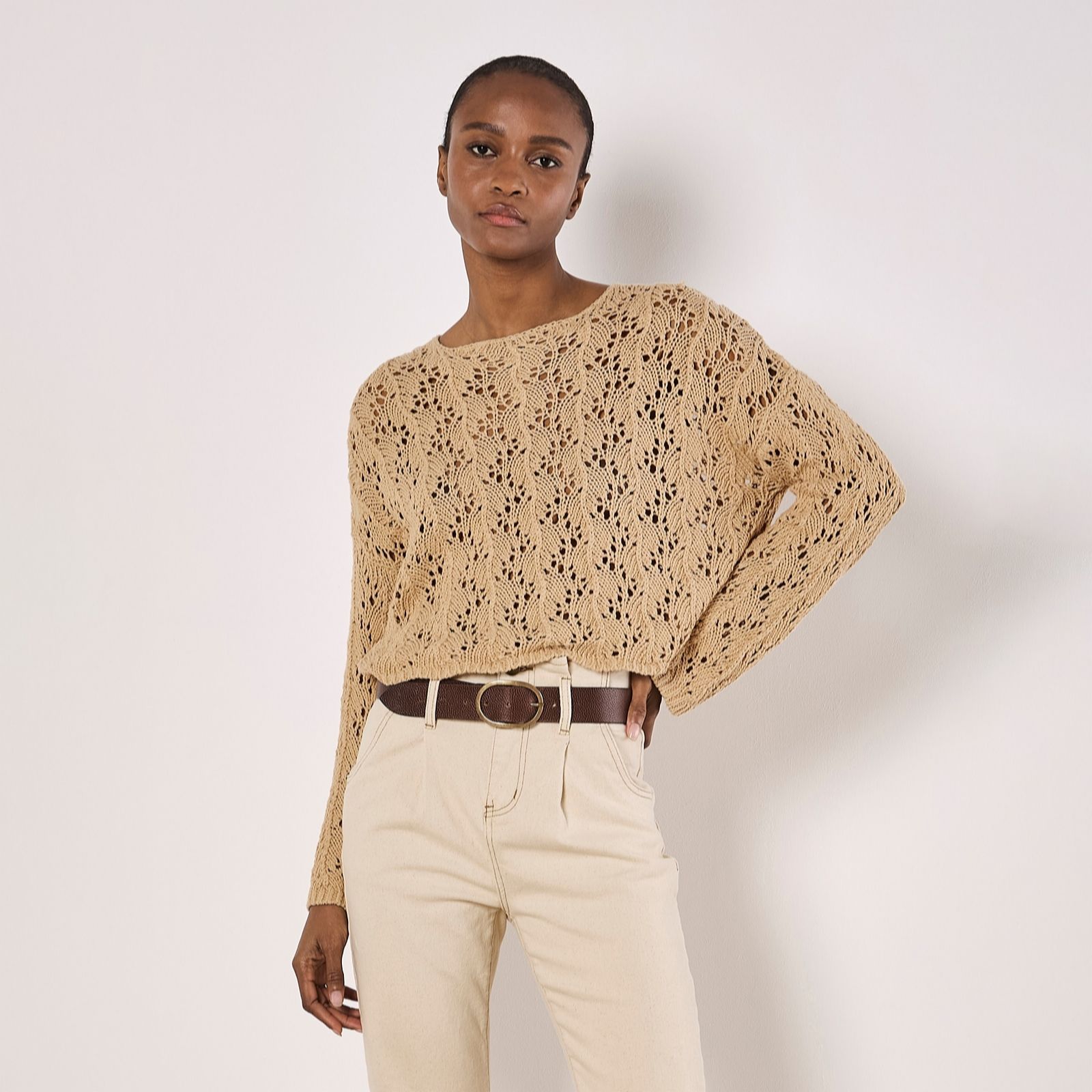 Apricot Oatmeal Pointelle Scallop Hem Jumper