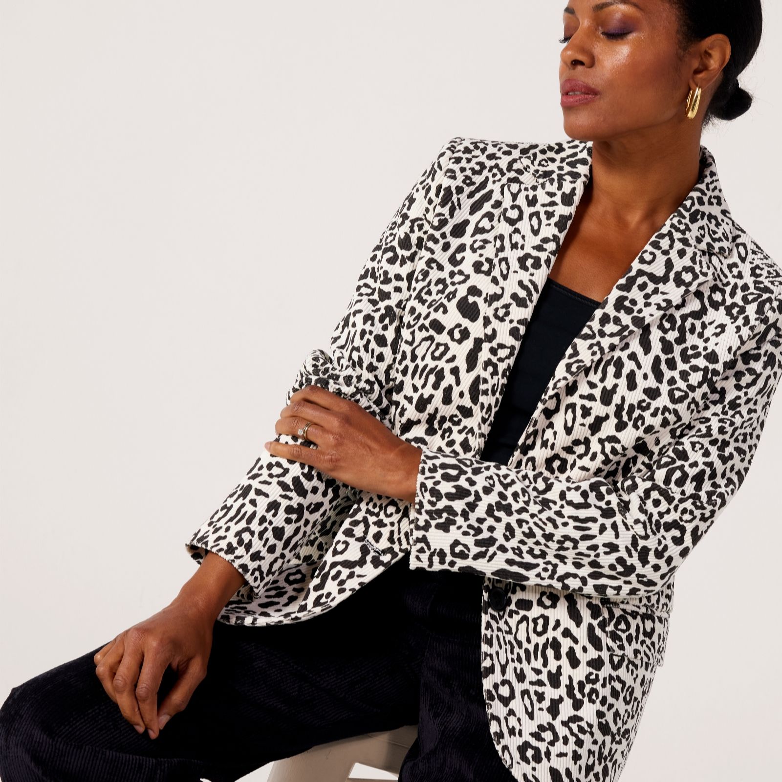 Helene Berman Cream Animal Animal Print Soft Corduroy Relaxed Fit Blazer