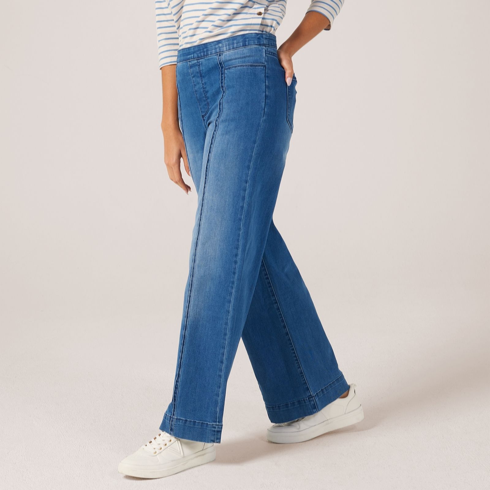 MarlaWynne Denim Wide Leg Trousers with Piping Detail