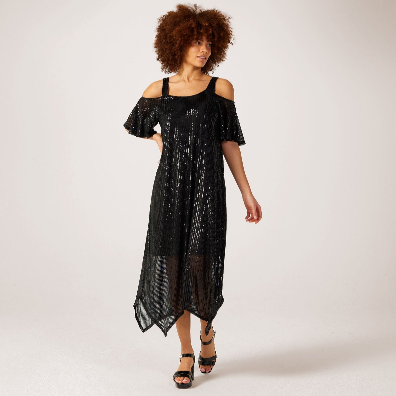 Frank Usher Flutter Sleeve Cold Shoulder Sequin Long Dress