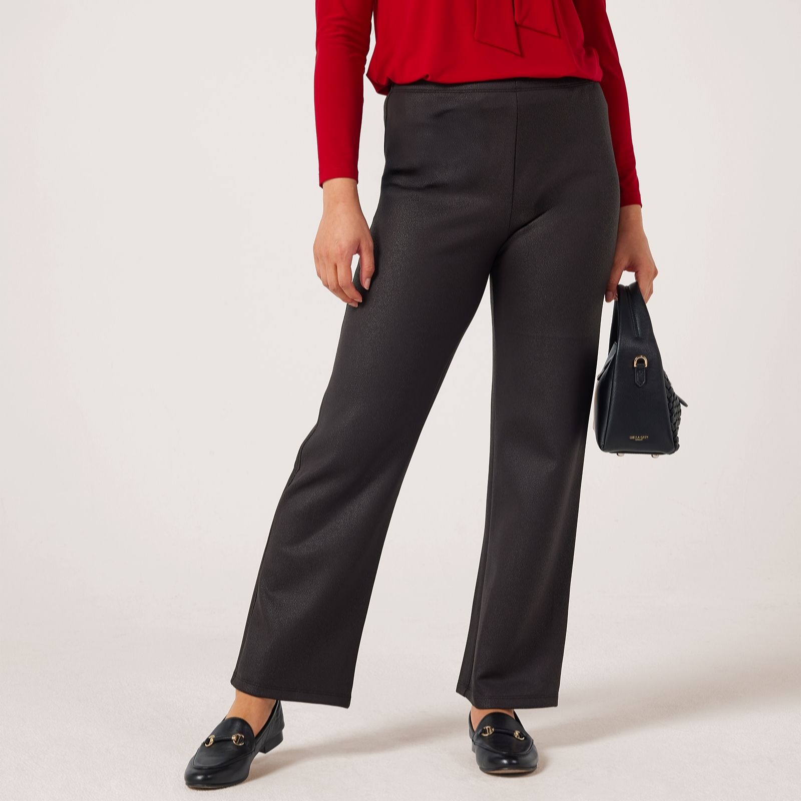 Kim & Co Black Shadow Pleather Knit Camilia Straight Standard Trousers