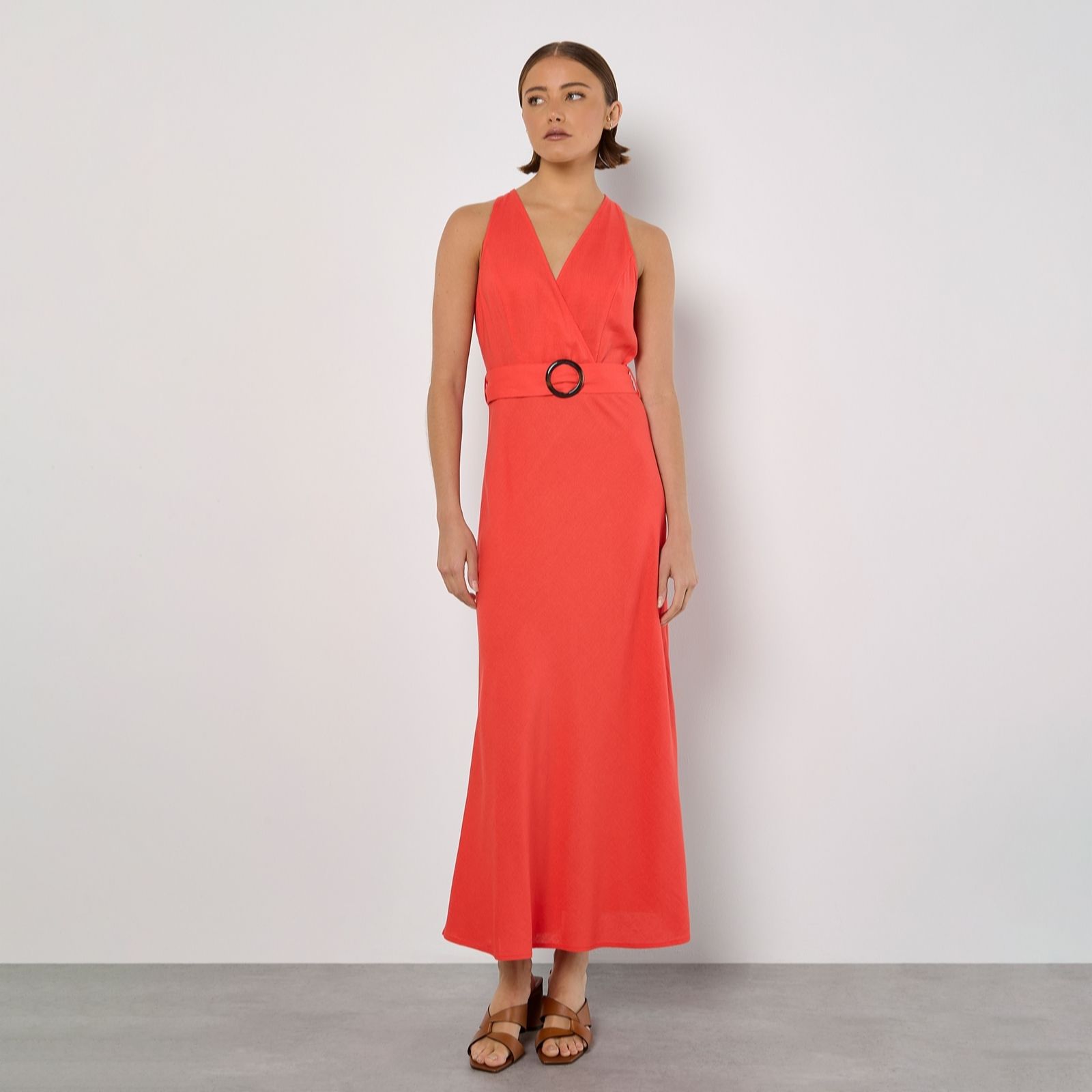 Apricot Coral Faux Wrap Sleeveless Buckle Midaxi Dress