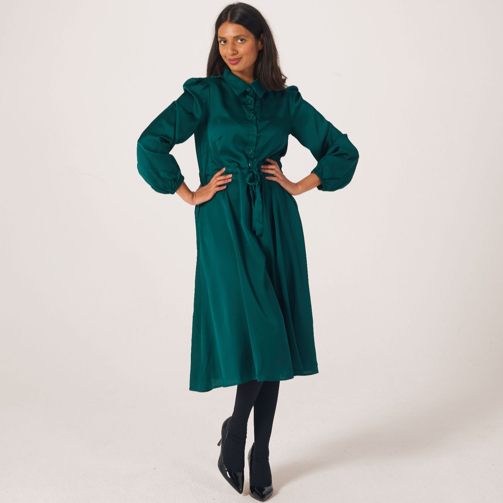 Nina Leonard Balloon Sleeve Satin Dress with Collar & Button with Sash