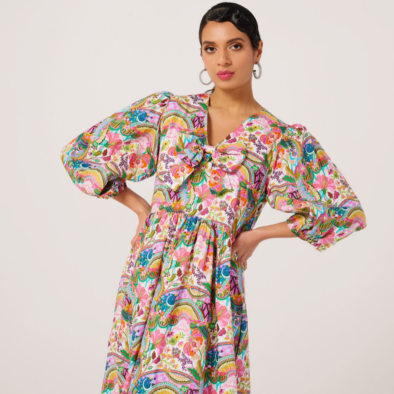 Helene Berman The Liberty Stage Blue Made With Liberty Fabric V Neck Bow Dress