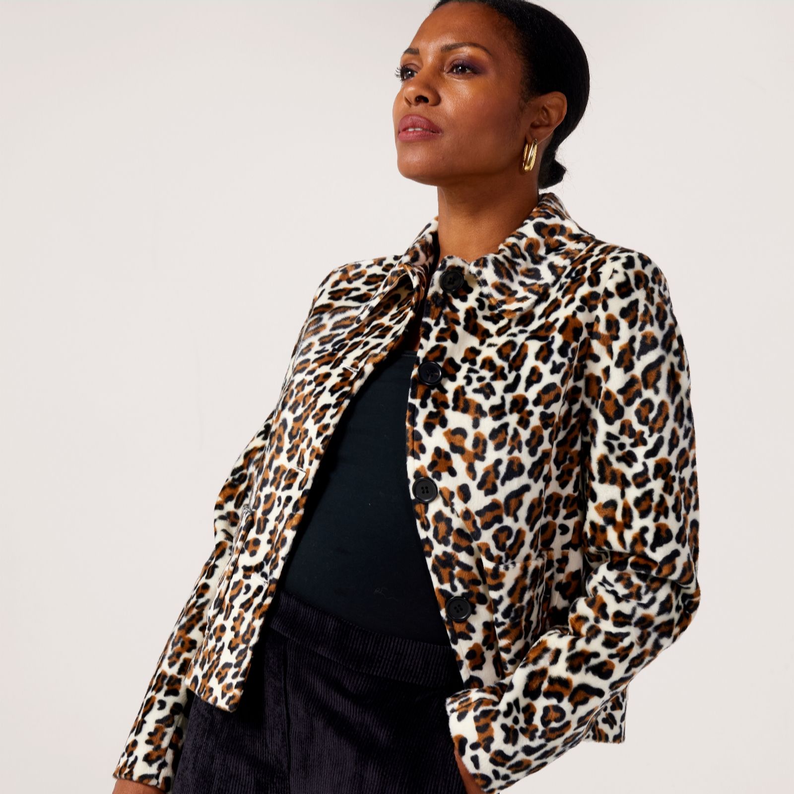 Helene Berman Leopard Print Short Faux Fur Jacket