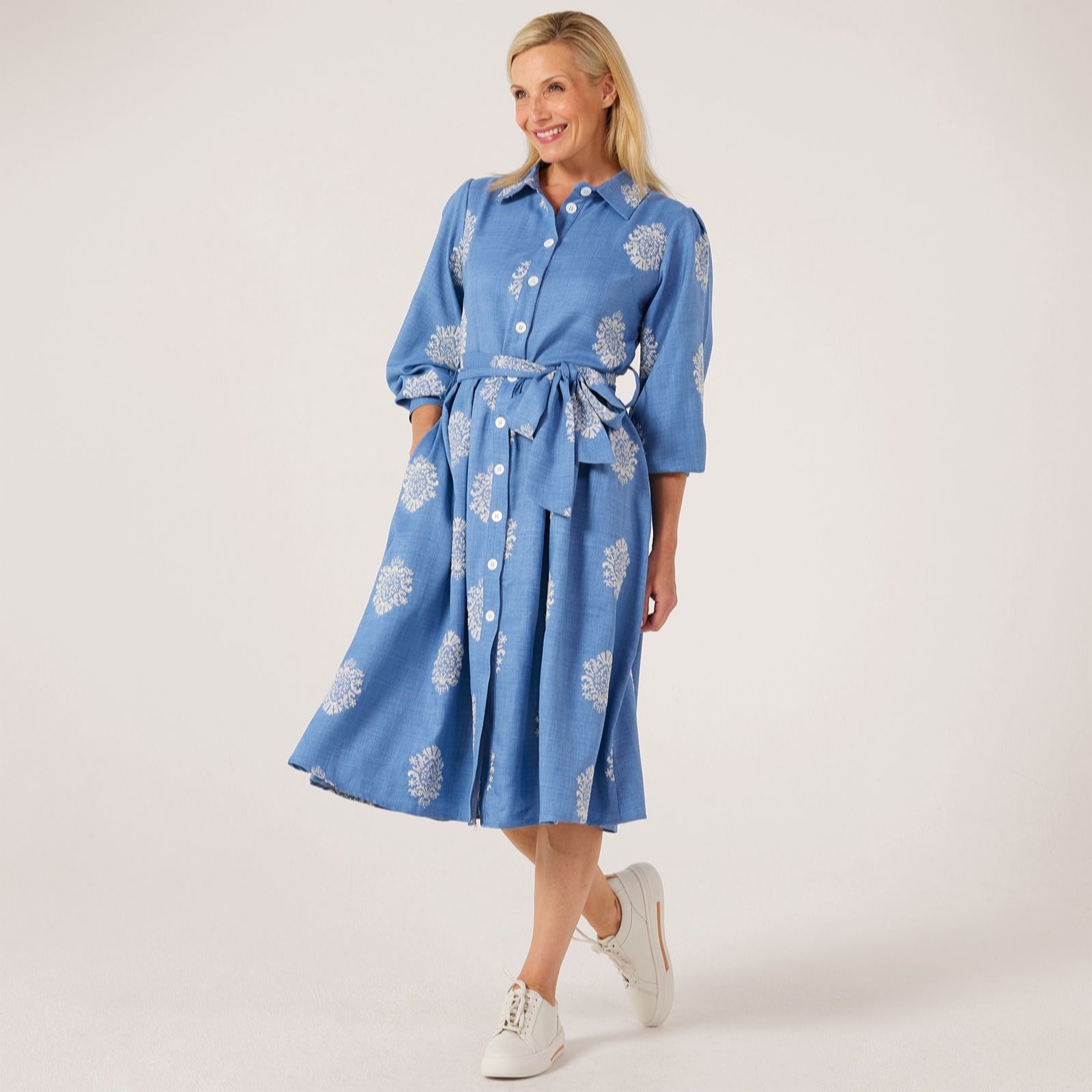Helene Berman Denim Blue Embroidered Detailed Denim Midi Shirt Dress