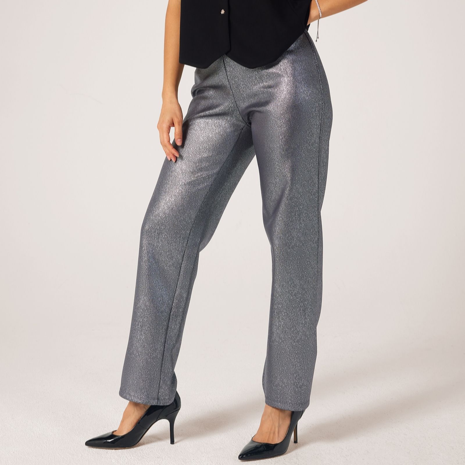 Kim & Co Antique Gold Metallic Croco Pleather Knit Camilia Straight Trouser Stan...