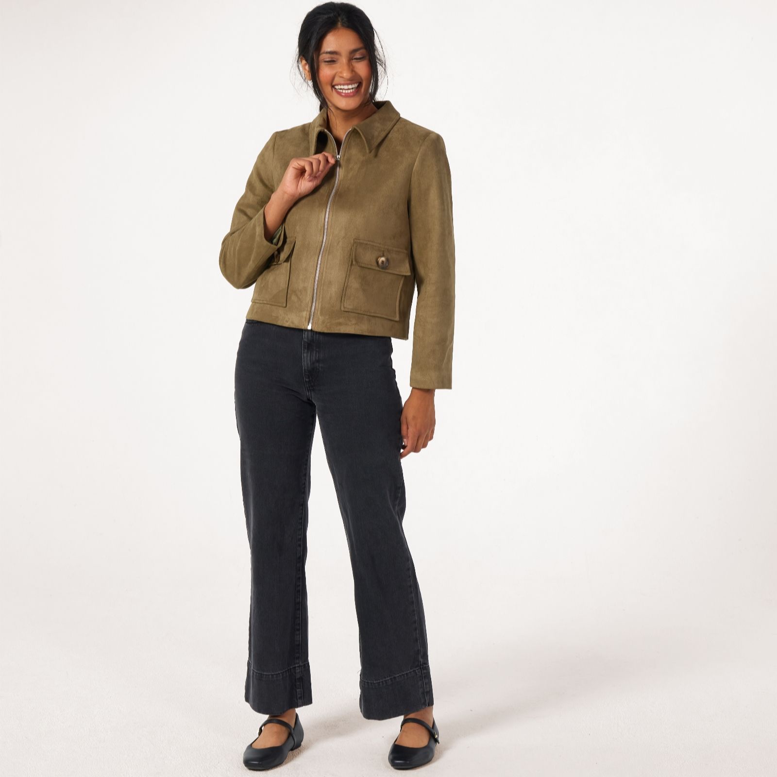 Helene Berman Moss Faux Suede Zip Jacket With Collar