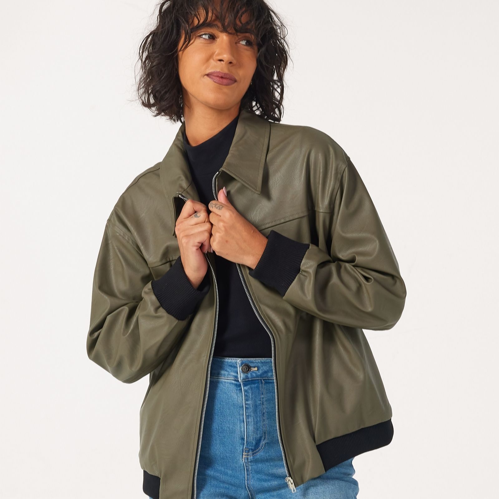 Helene Berman Faux Leather Relaxed Zip Up Bomber Jacket women's