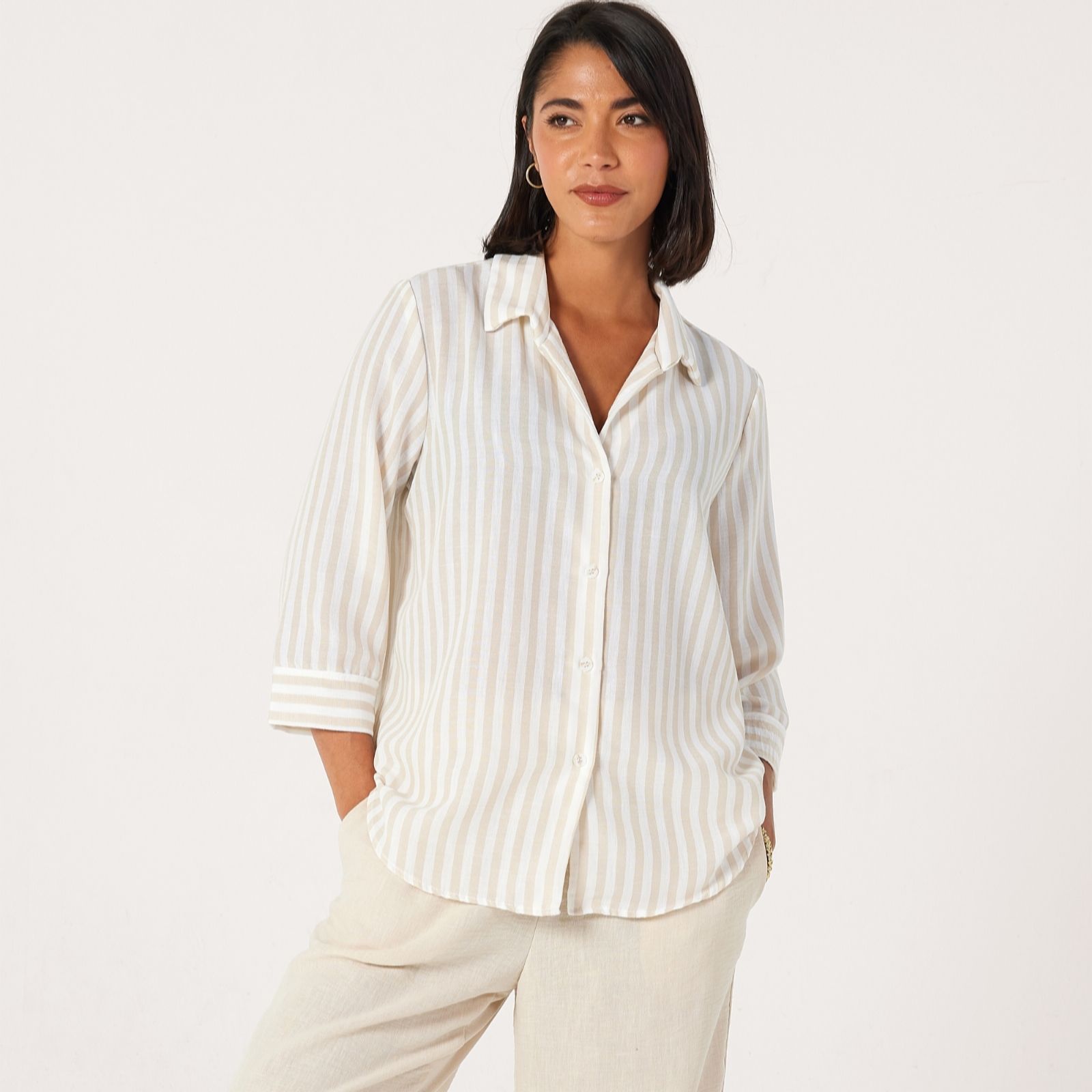 Kim & Co Women's Blue Ecru Striped Linen Feel Olivia 3/4 Sleeve Relaxed Shirt