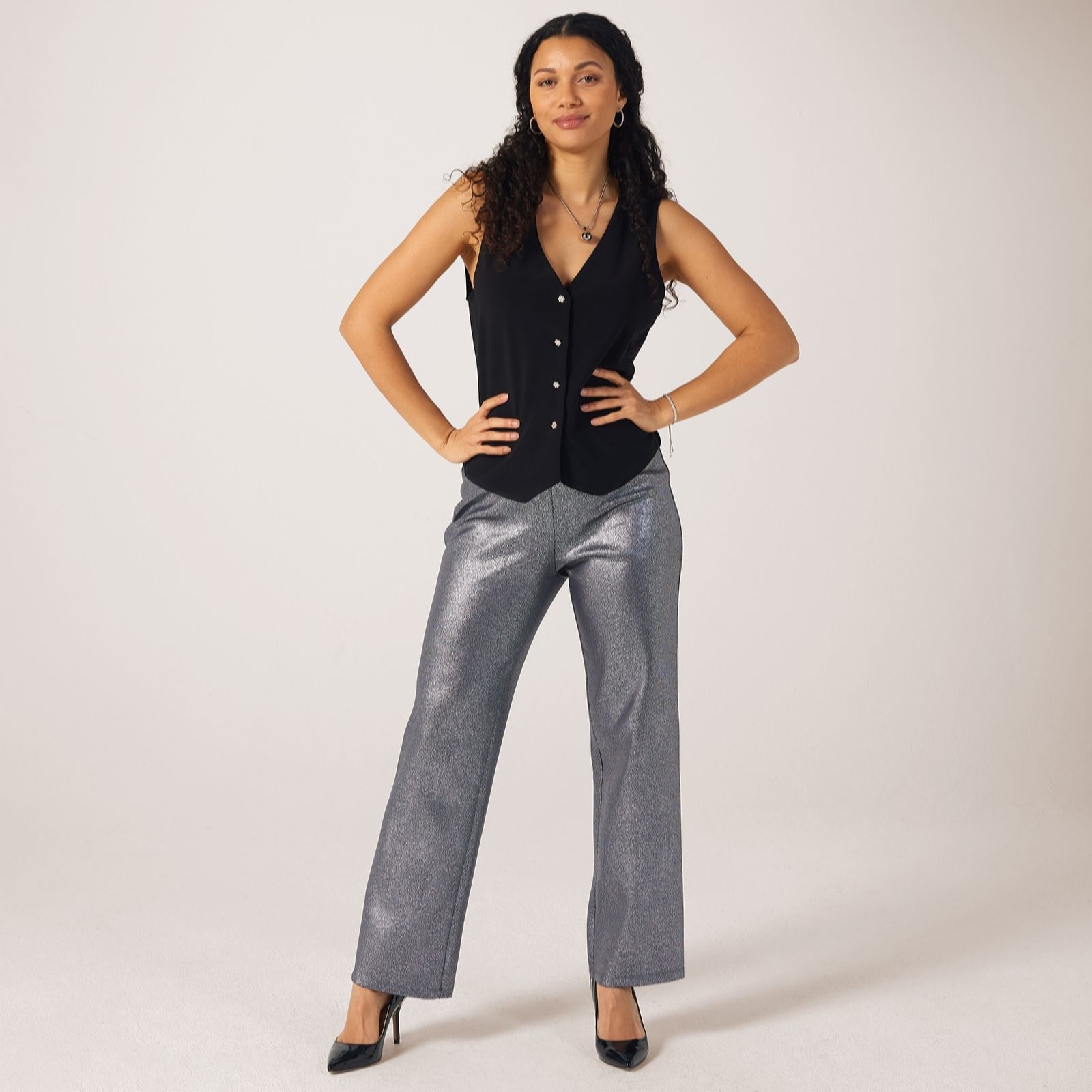 Kim & Co Antique Gold Metallic Croco Pleather Knit Camilia Straight Trouser, Petite