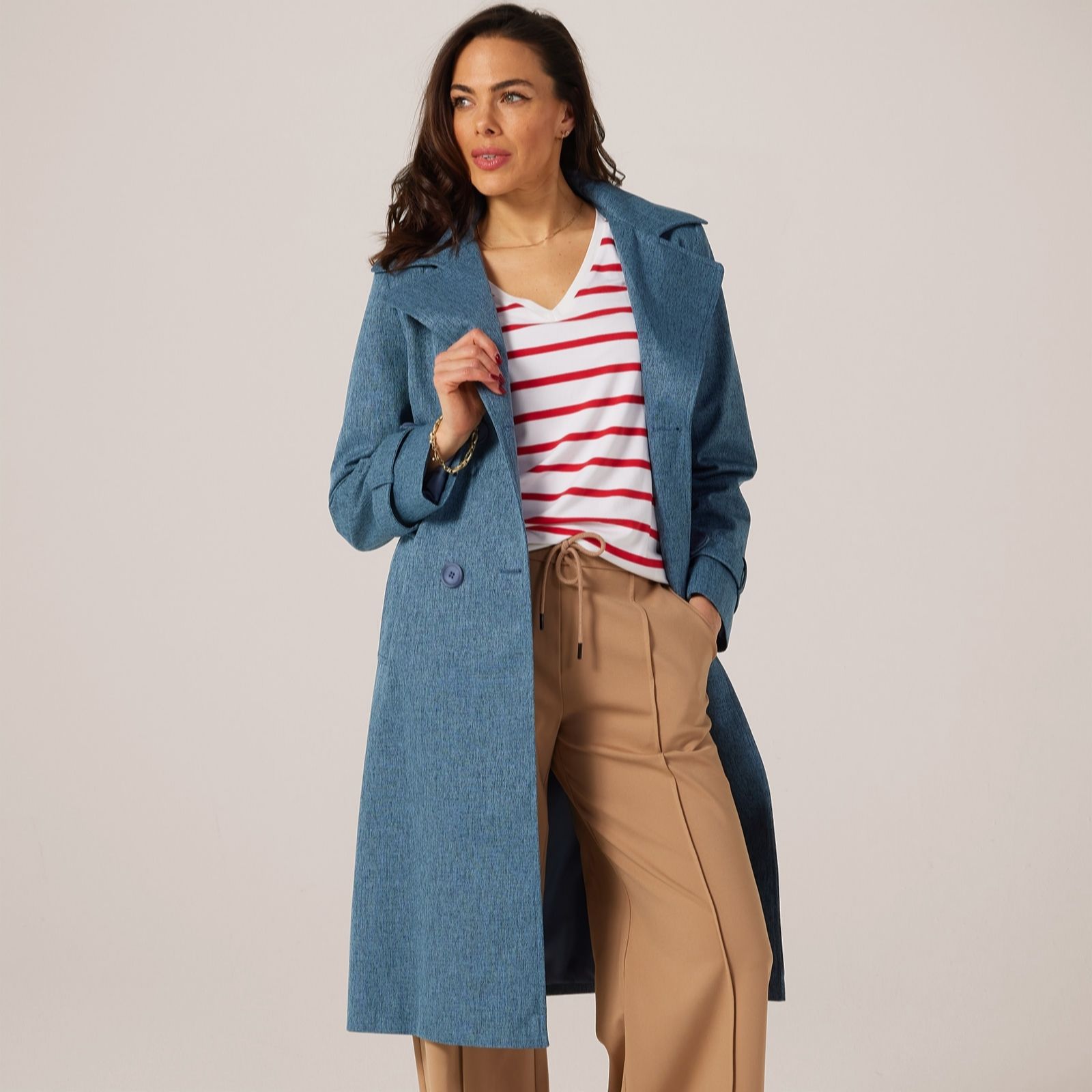 Helene Berman Dark Denim Denim Look Double Breasted Trench Coat