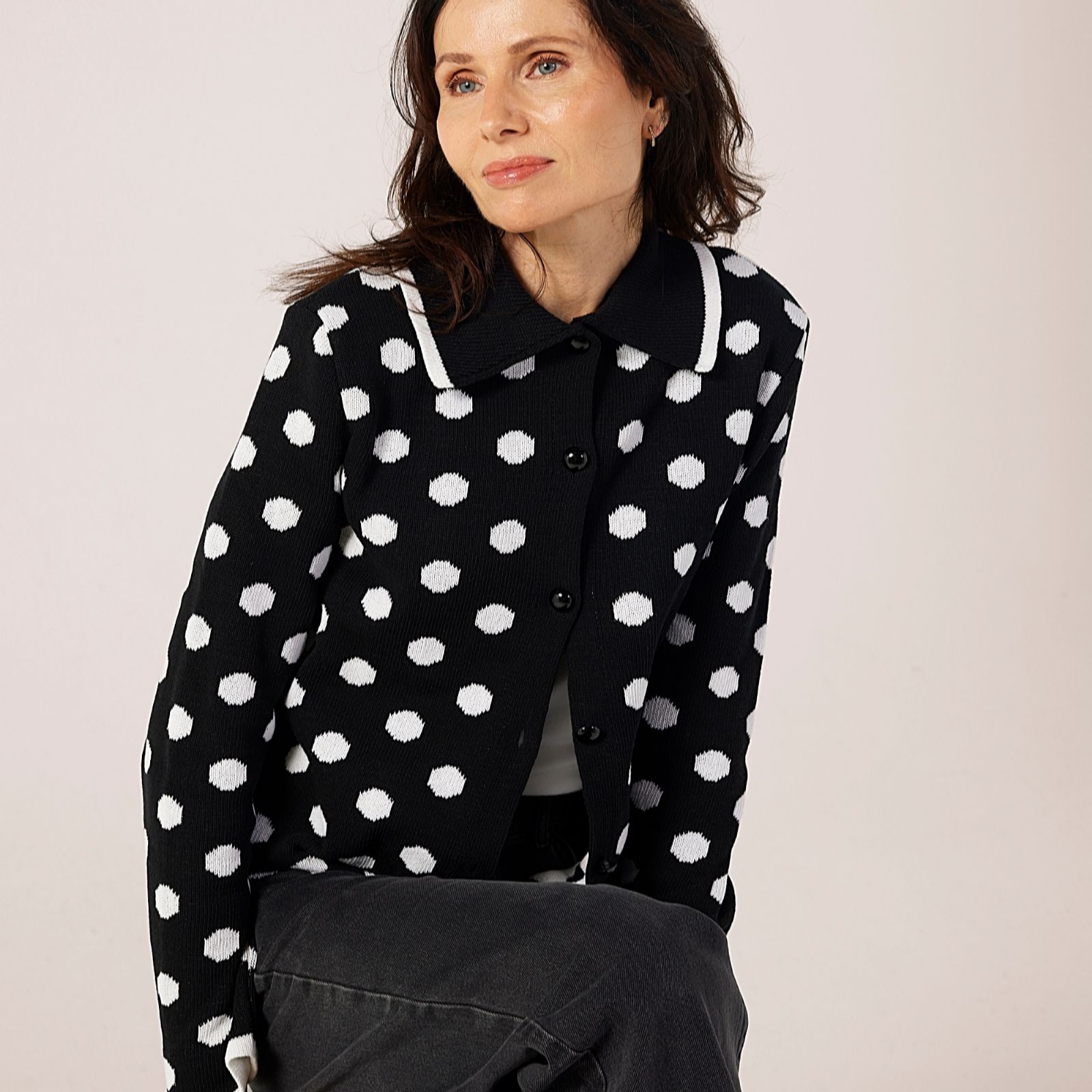 Helene Berman Black Ivory Spot Cardigan