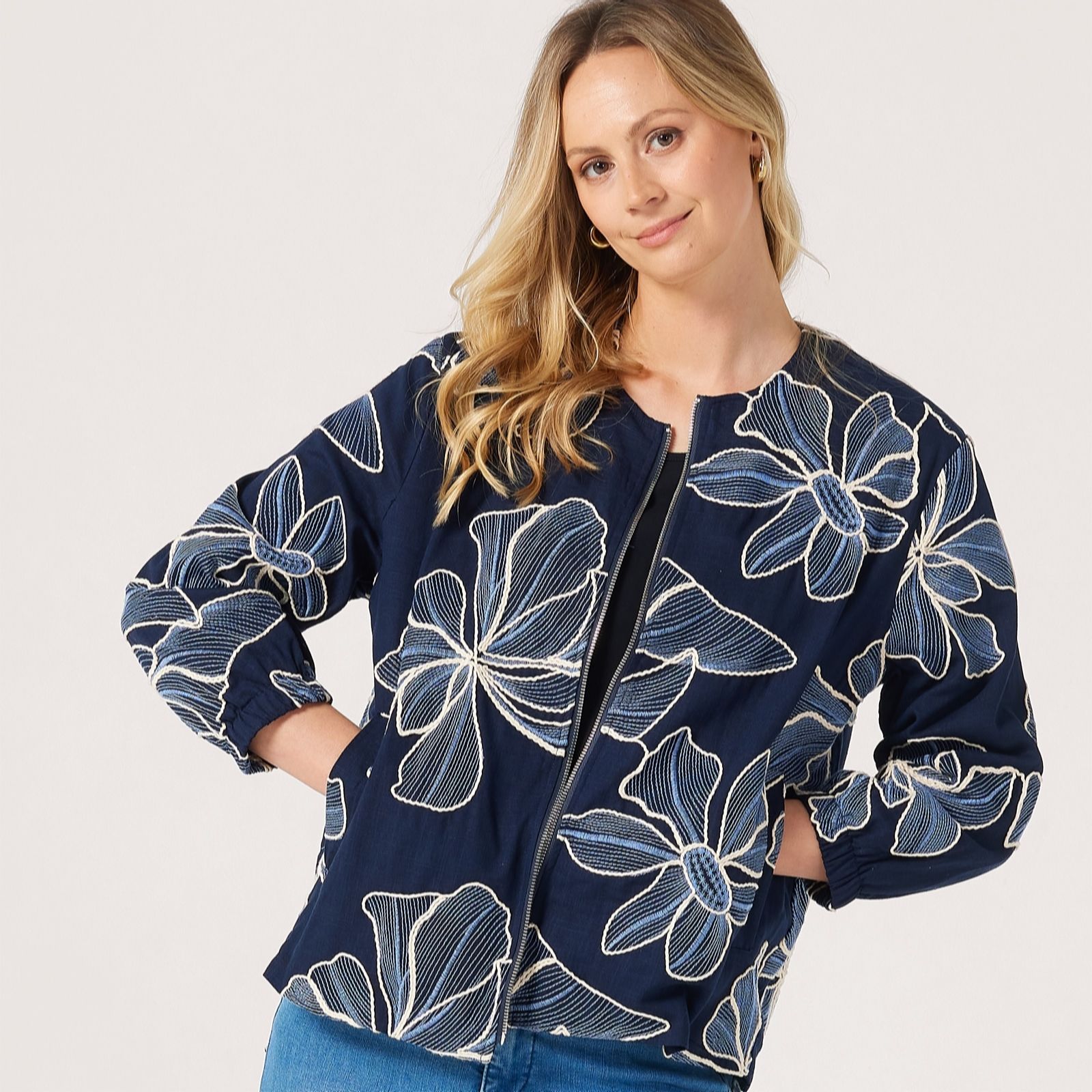 Marlawynne Women's Navy Combo Collection Embroidered Long Sleeve Jacket