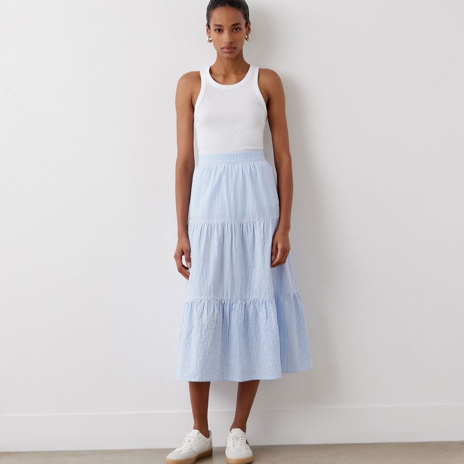 Finery London Esha Blue Stripe Midi Skirt with Stretch Waist women's