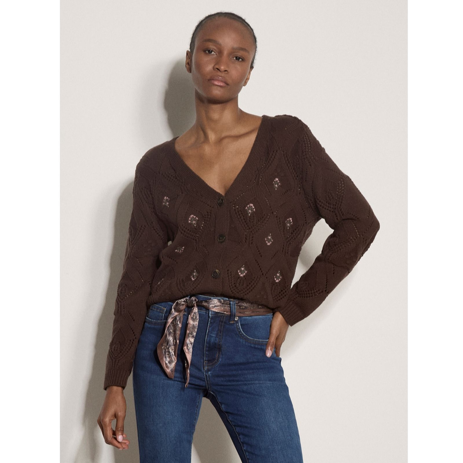 Apricot Women's Pointelle Diamond Floral Cotton Blend Cardigan Sweater in Brown | Size: 18