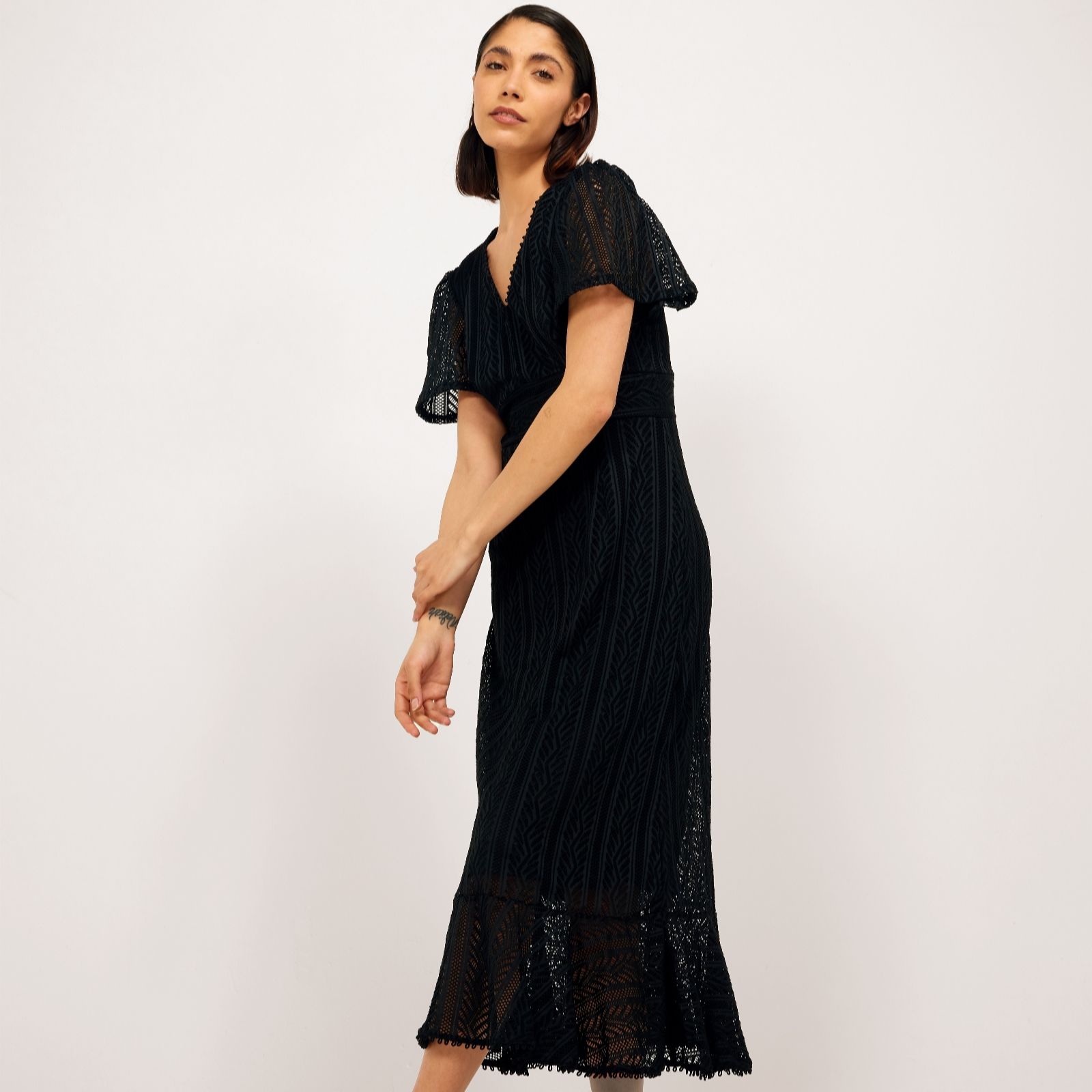 Izabel London Lined Crochet Dress with Short Flutter Sleeves