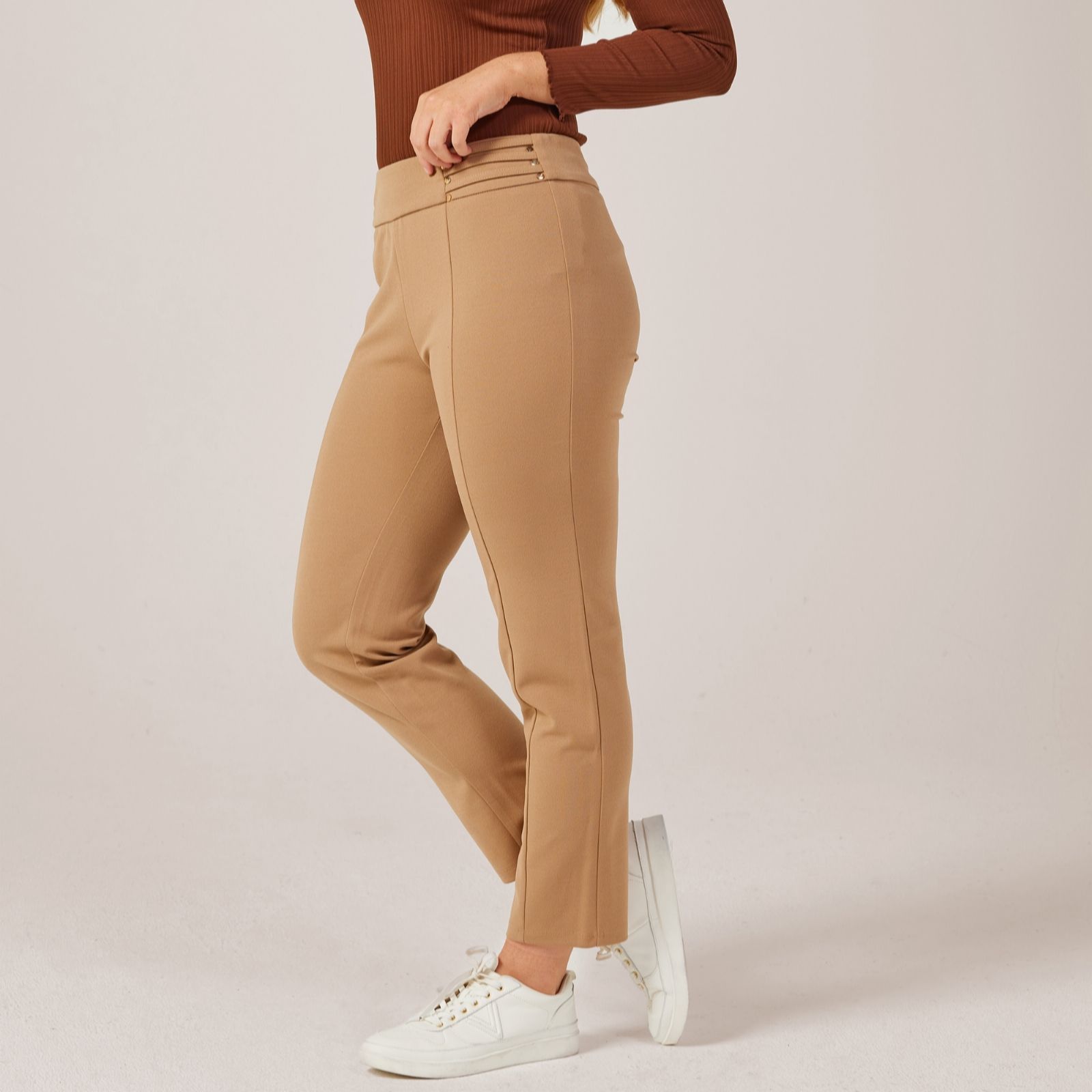 Nina Leonard Tan Waist Buttons Narrow Leg Standard Trousers