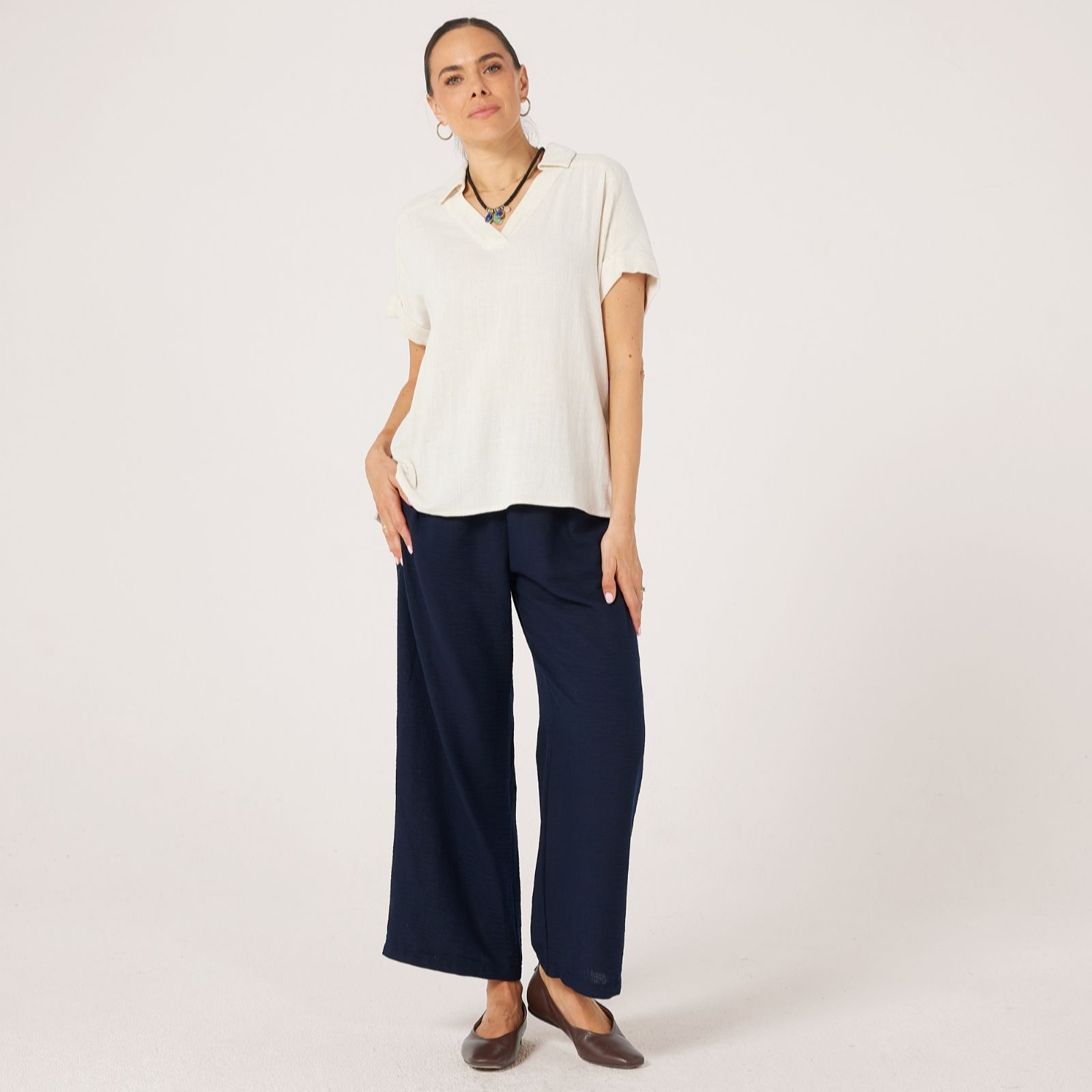 Kim & Co Black Linen Feel Olivia Wide Leg Petite Trousers